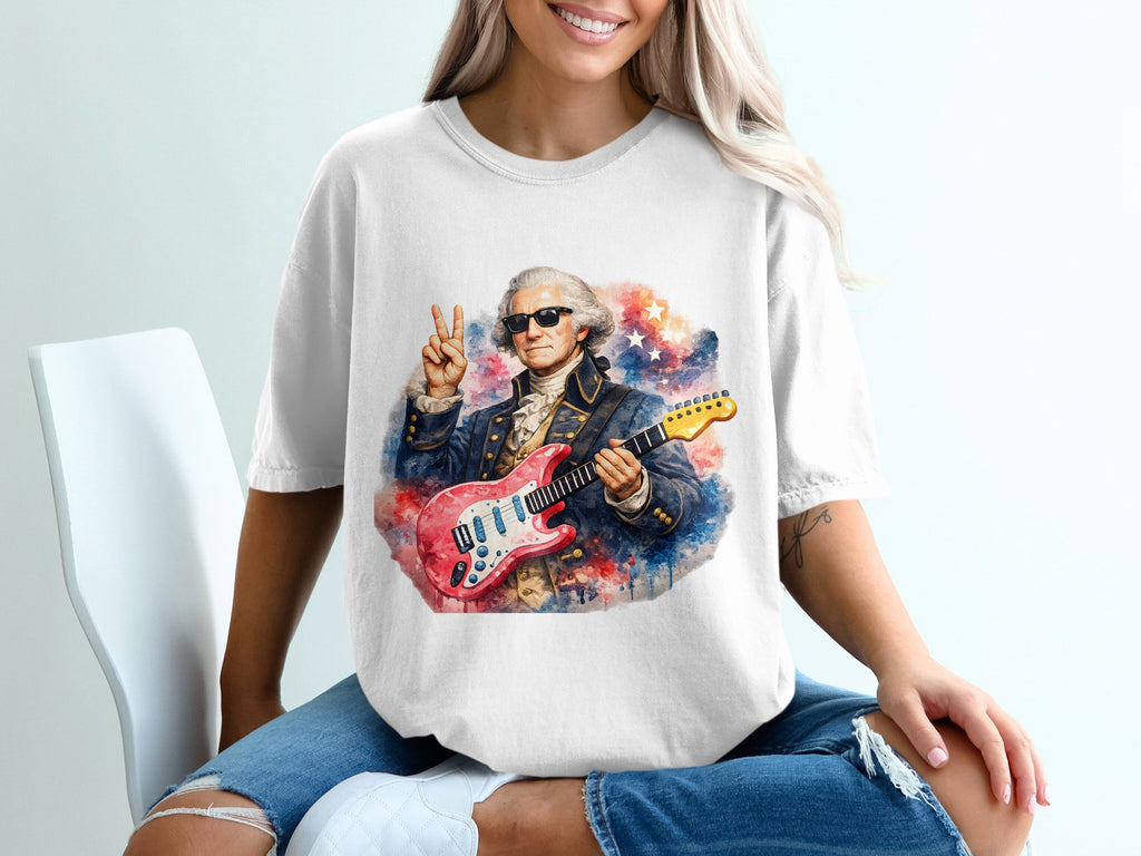 George Washington in sunglasses and historical attire plays an electric guitar.