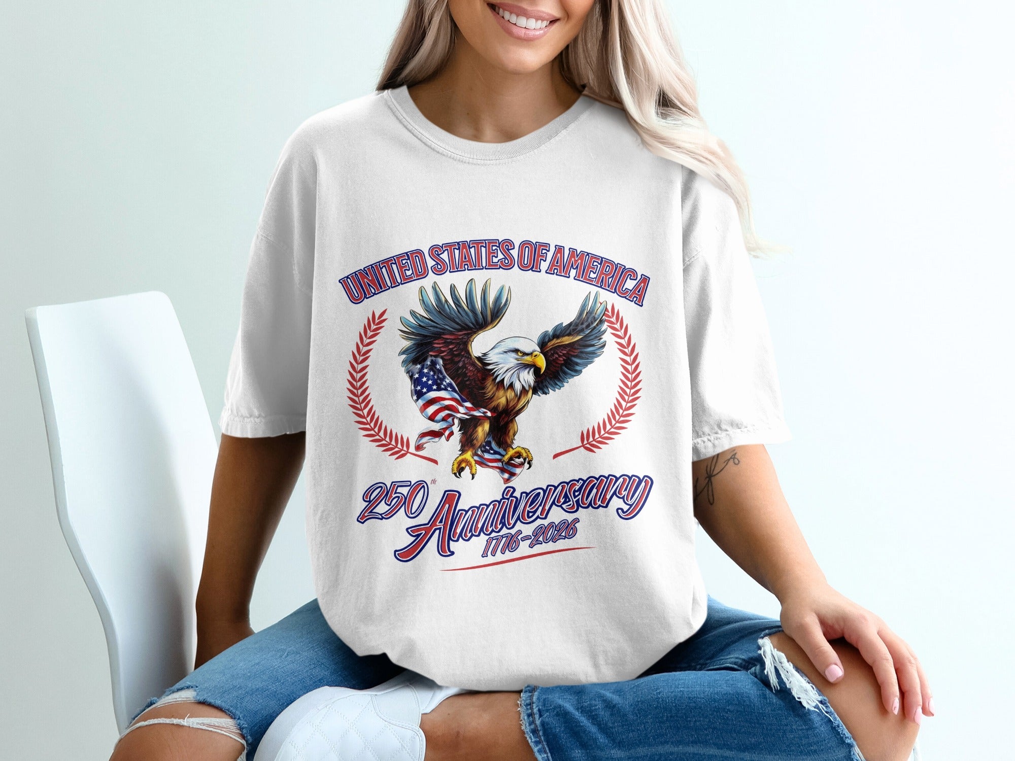 White t-shirt with eagle, US flag, and "250 Anniversary 1776-2026".