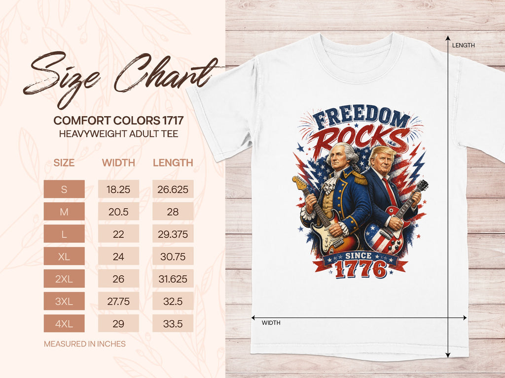 Comfort Colors 1717 size chart with patriotic graphic tee design.