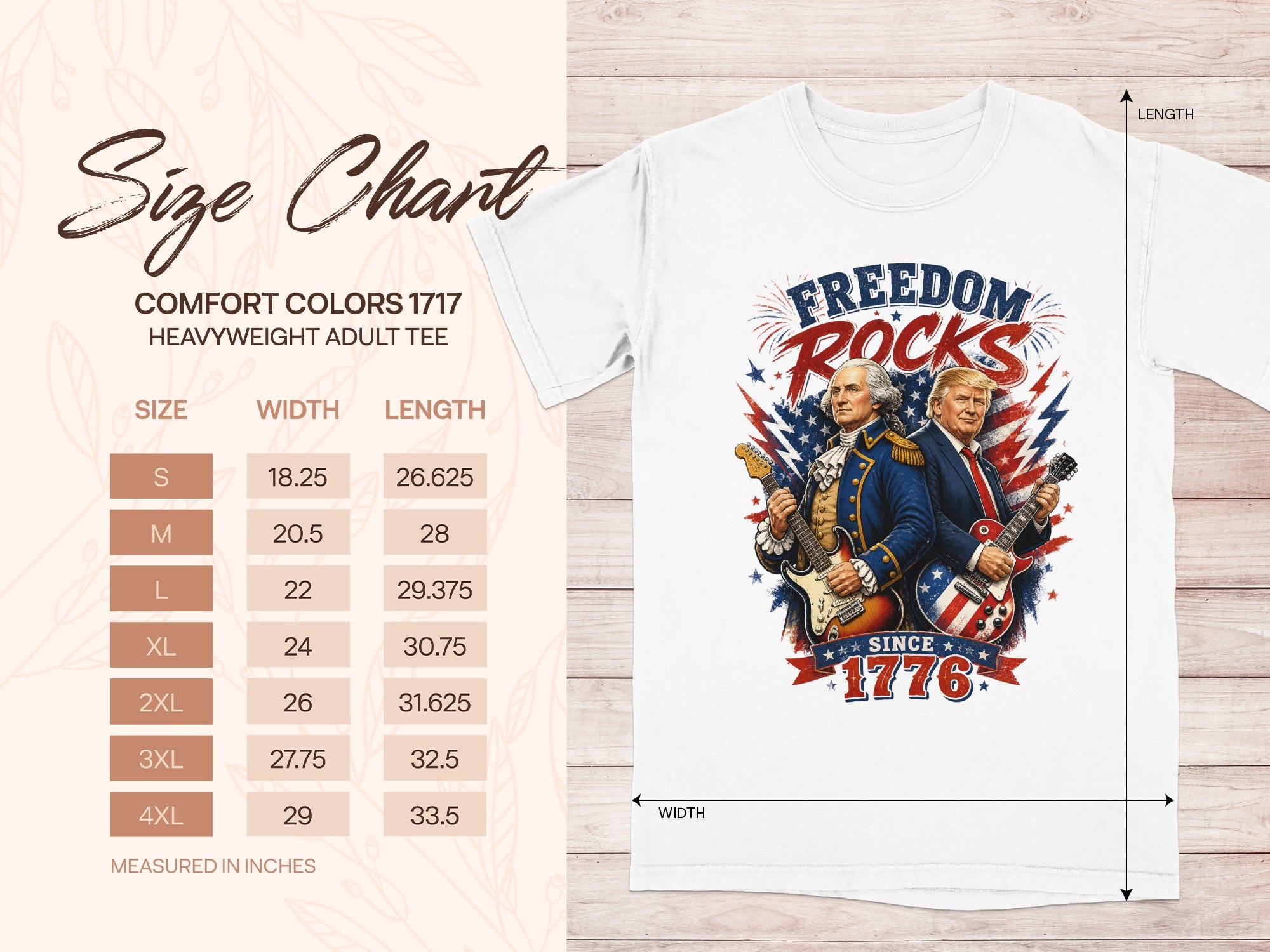 Comfort Colors 1717 size chart with patriotic graphic tee design.