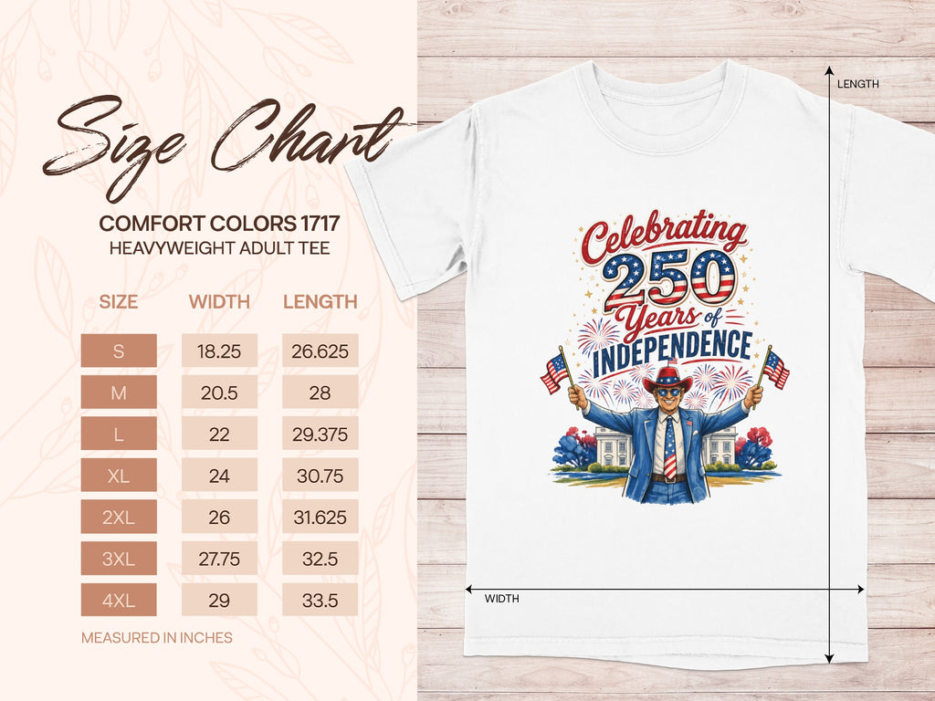 Comfort Colors 1717 heavyweight adult tee size chart with graphic.