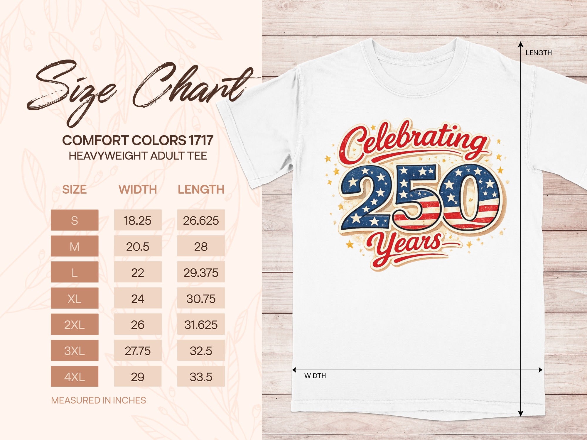 Comfort Colors 1717 size chart for heavyweight adult tee, measuring inches.