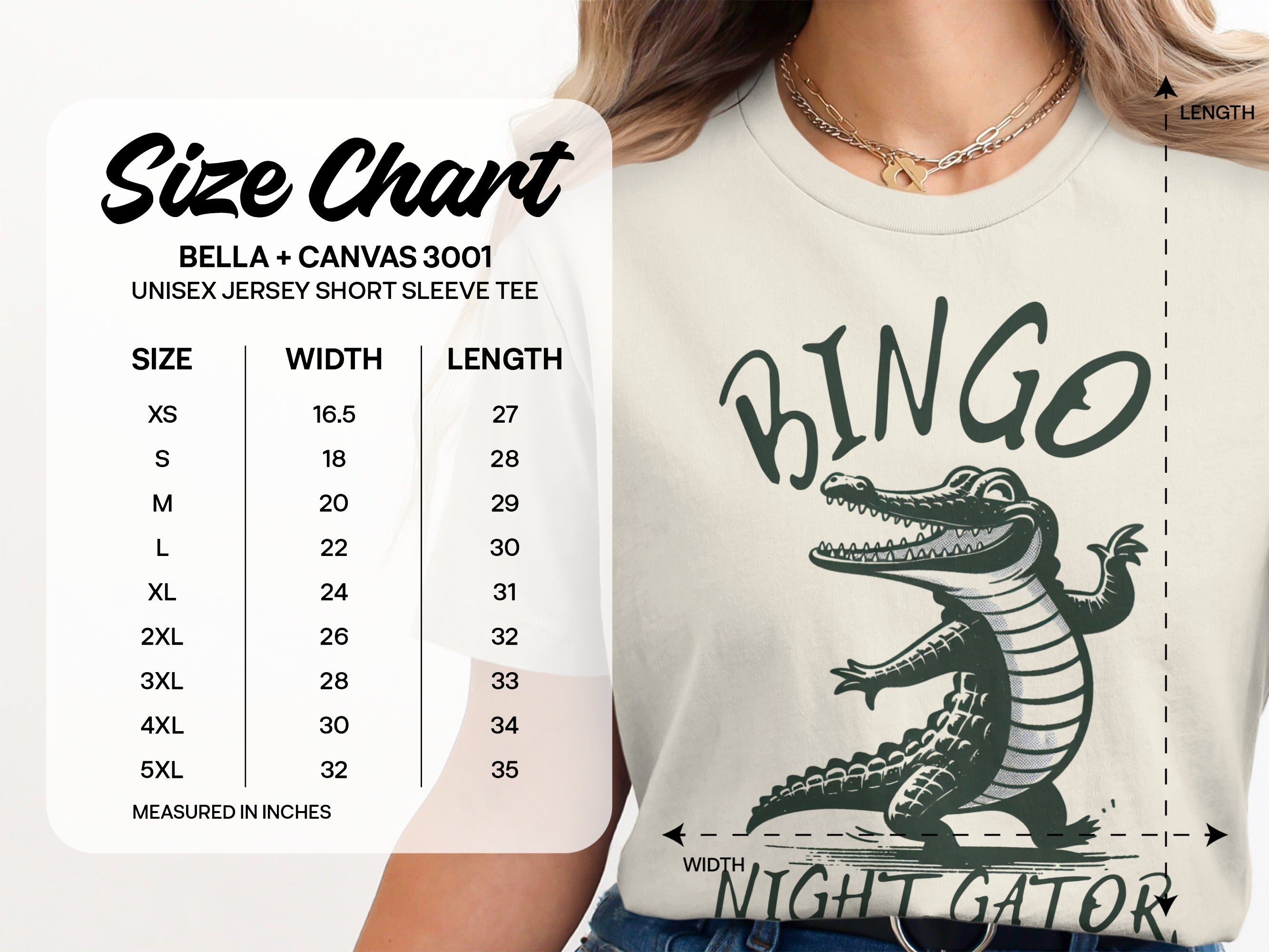 Unisex Bella + Canvas 3001 tee size chart with shirt graphic and text.