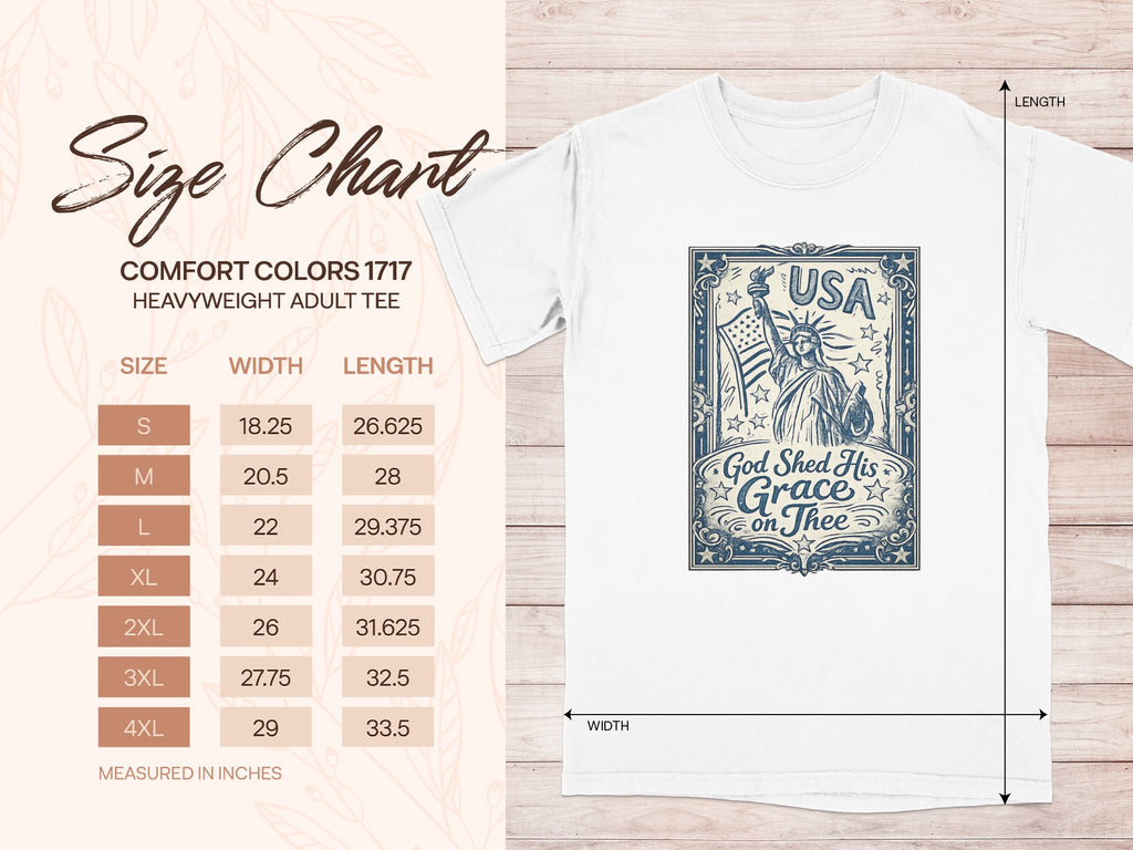 Size chart for Comfort Colors 1717 heavyweight tee with USA graphic.