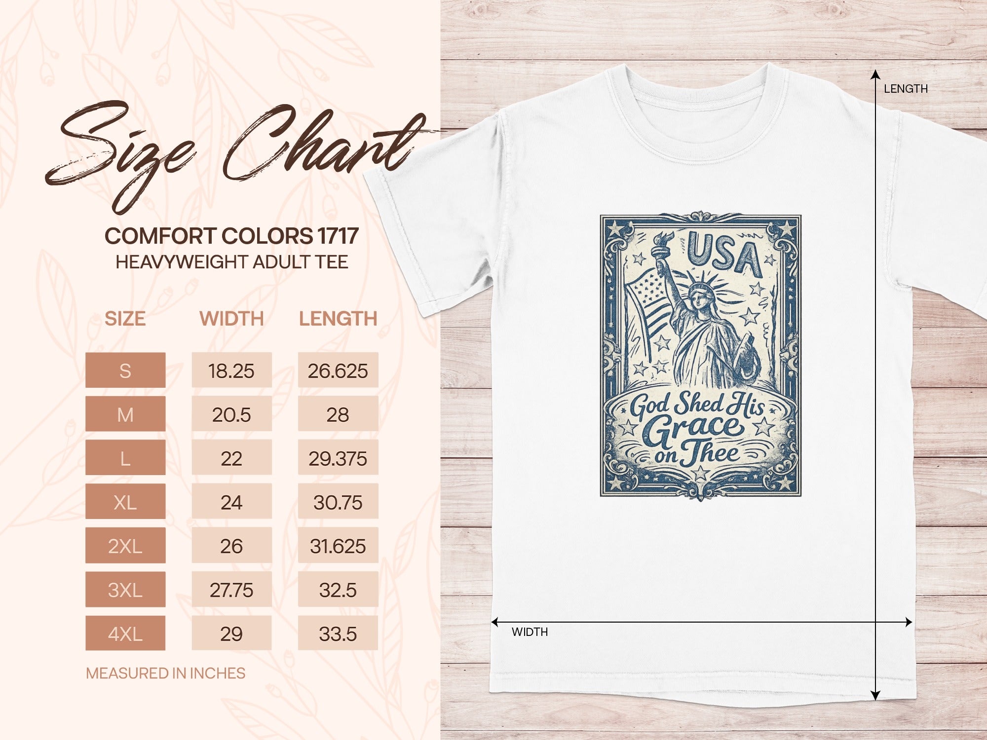 Size chart for Comfort Colors 1717 heavyweight tee with USA graphic.