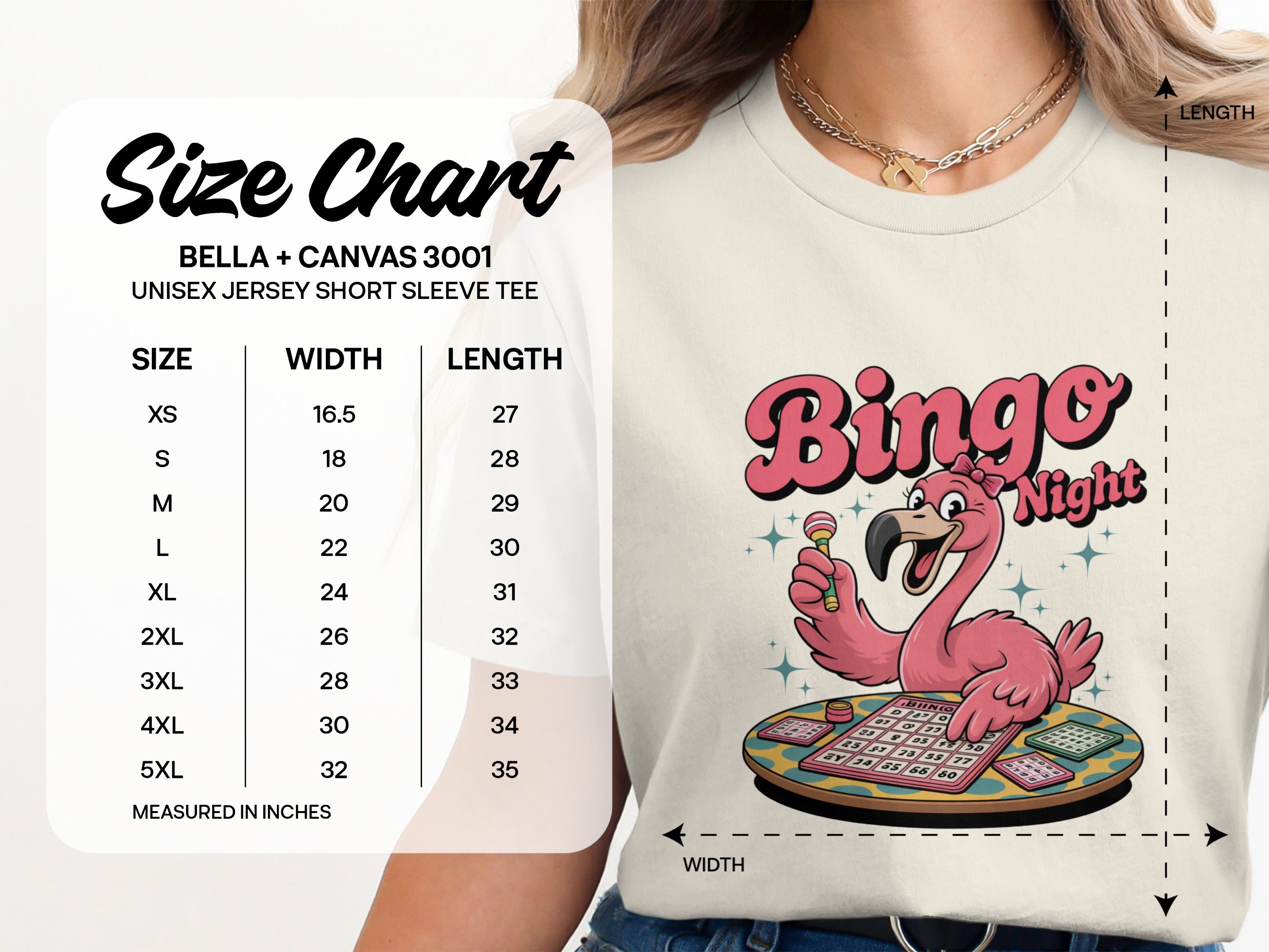 Size chart for Bella+Canvas 3001 unisex short sleeve tee with Bingo Flamingo graphic.