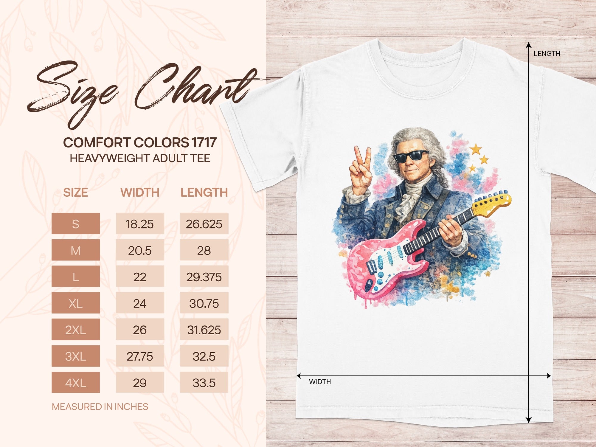 Comfort Colors 1717 size chart for heavyweight adult tees.