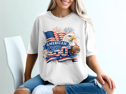 White t-shirt with American 250th birthday design featuring eagle and fireworks.