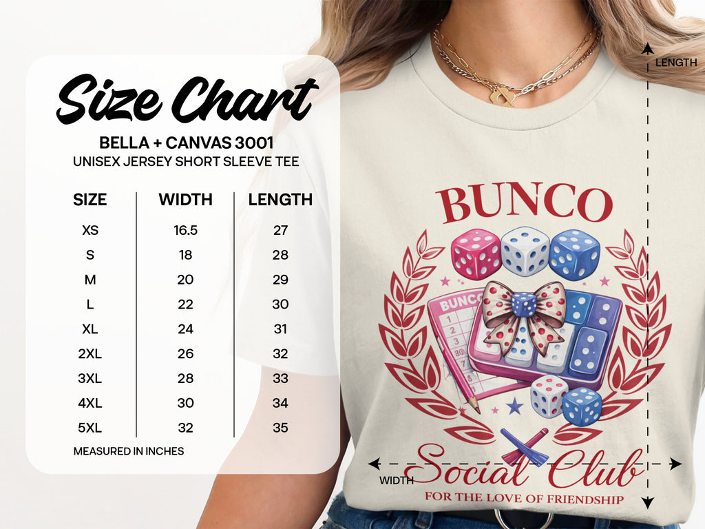 Size chart for Bella + Canvas 3001 unisex t-shirt, featuring dice and bunco game graphics.