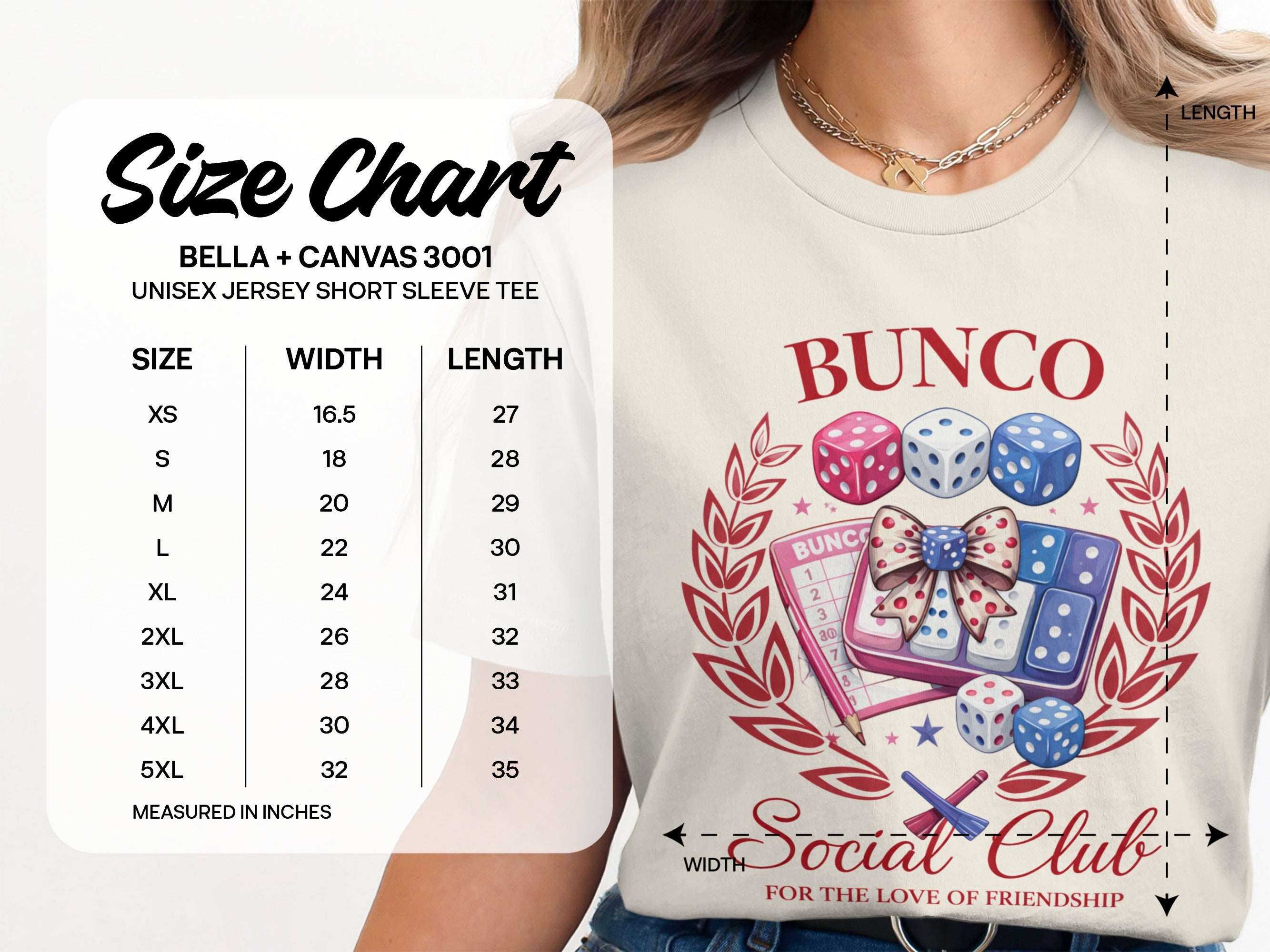 Size chart for Bella + Canvas 3001 unisex t-shirt, featuring dice and bunco game graphics.