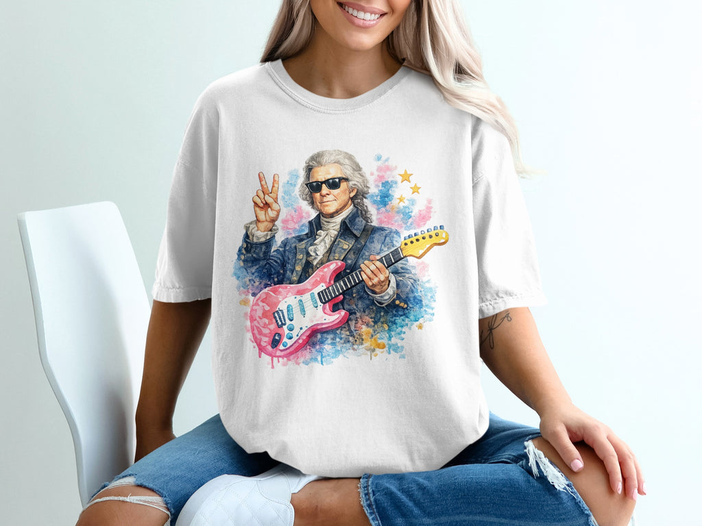 Beethoven in sunglasses playing a pink electric guitar, white t-shirt.