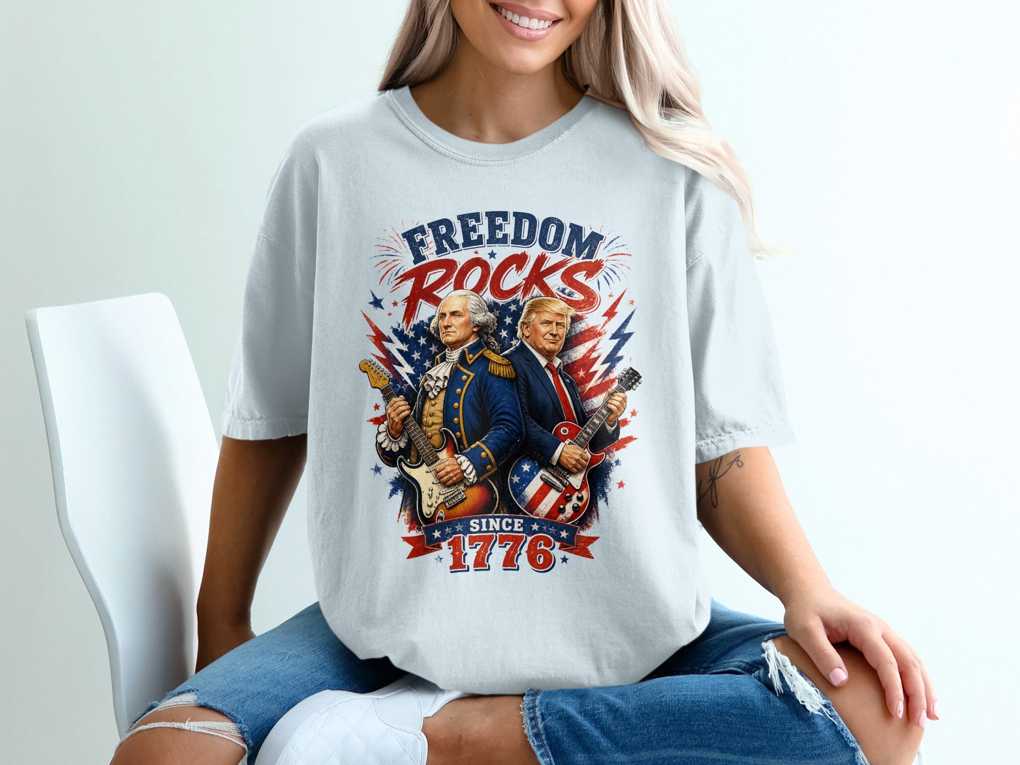 George Washington and Donald Trump holding guitars with "Freedom Rocks Since 1776" text.