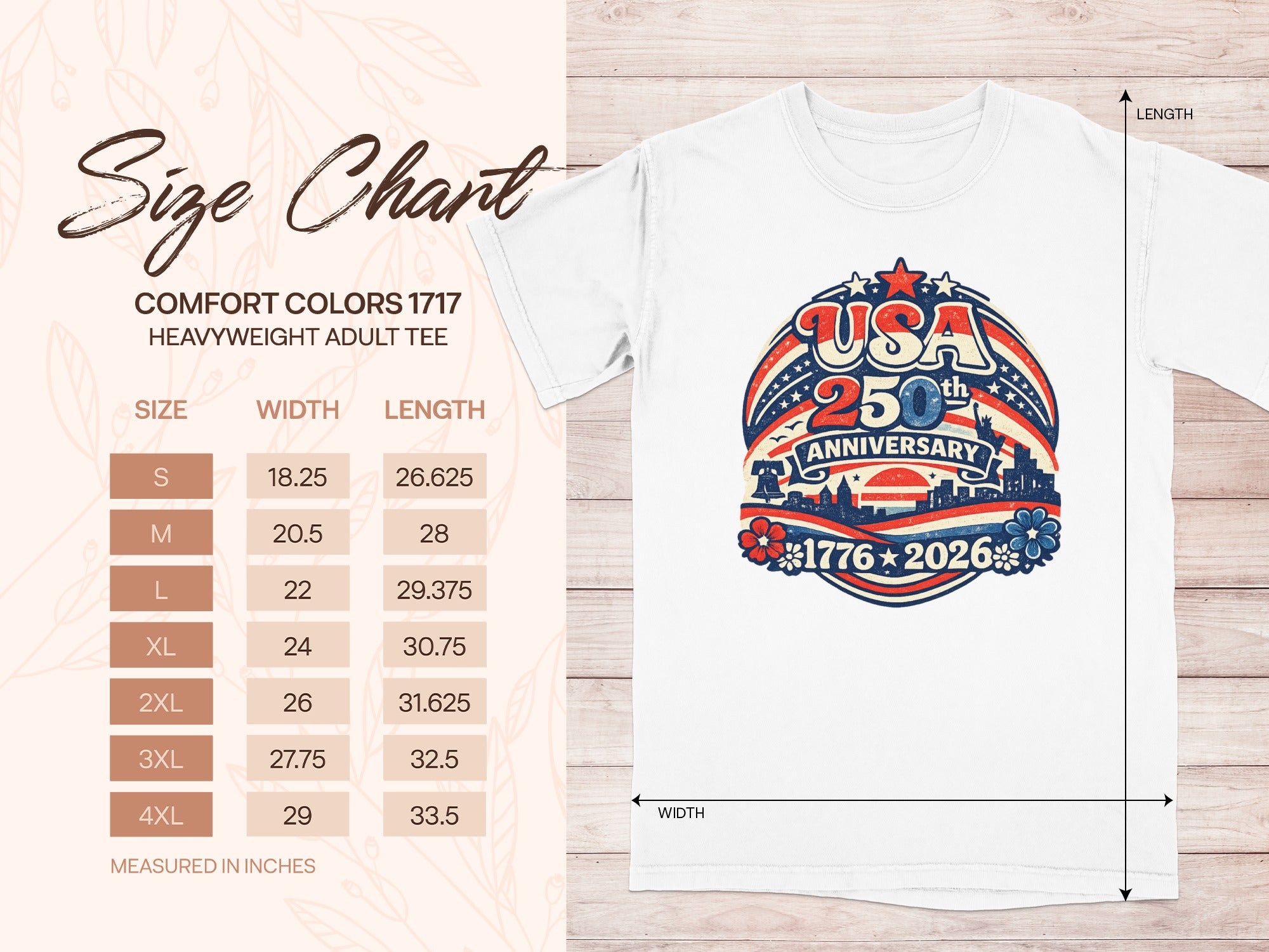 Comfort Colors 1717 size chart for heavyweight adult tee, measured in inches.