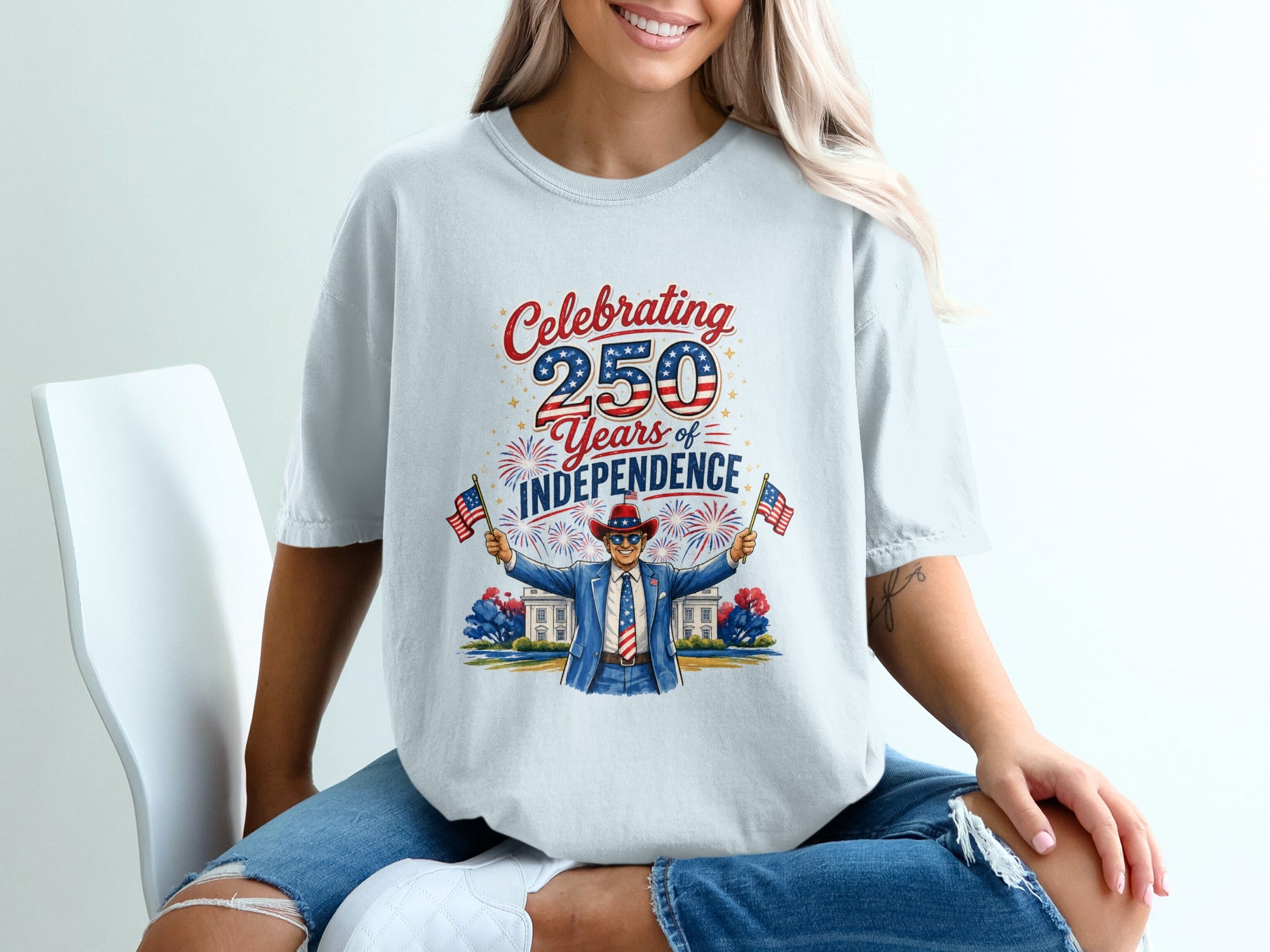 White t-shirt celebrating 250 years of Independence with patriotic graphics.
