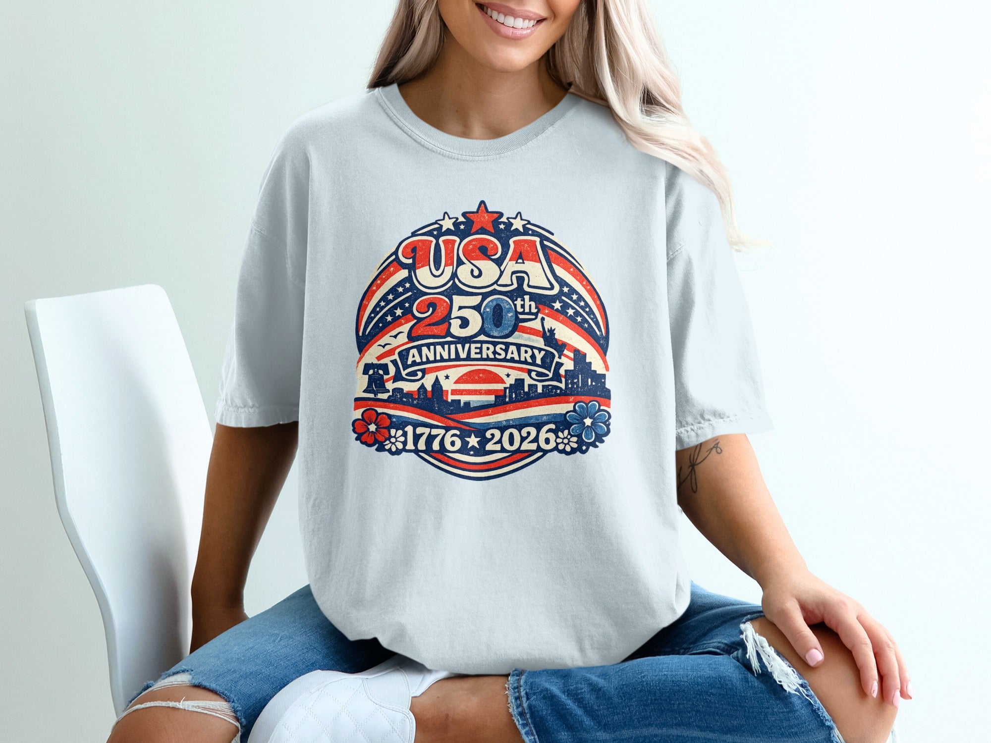 T-shirt with "USA 250th Anniversary" and patriotic motifs.