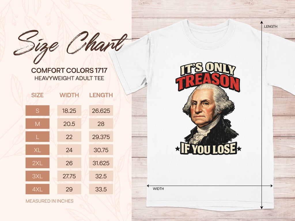 Size chart for Comfort Colors 1717 heavyweigh adult tee with chest graphic.