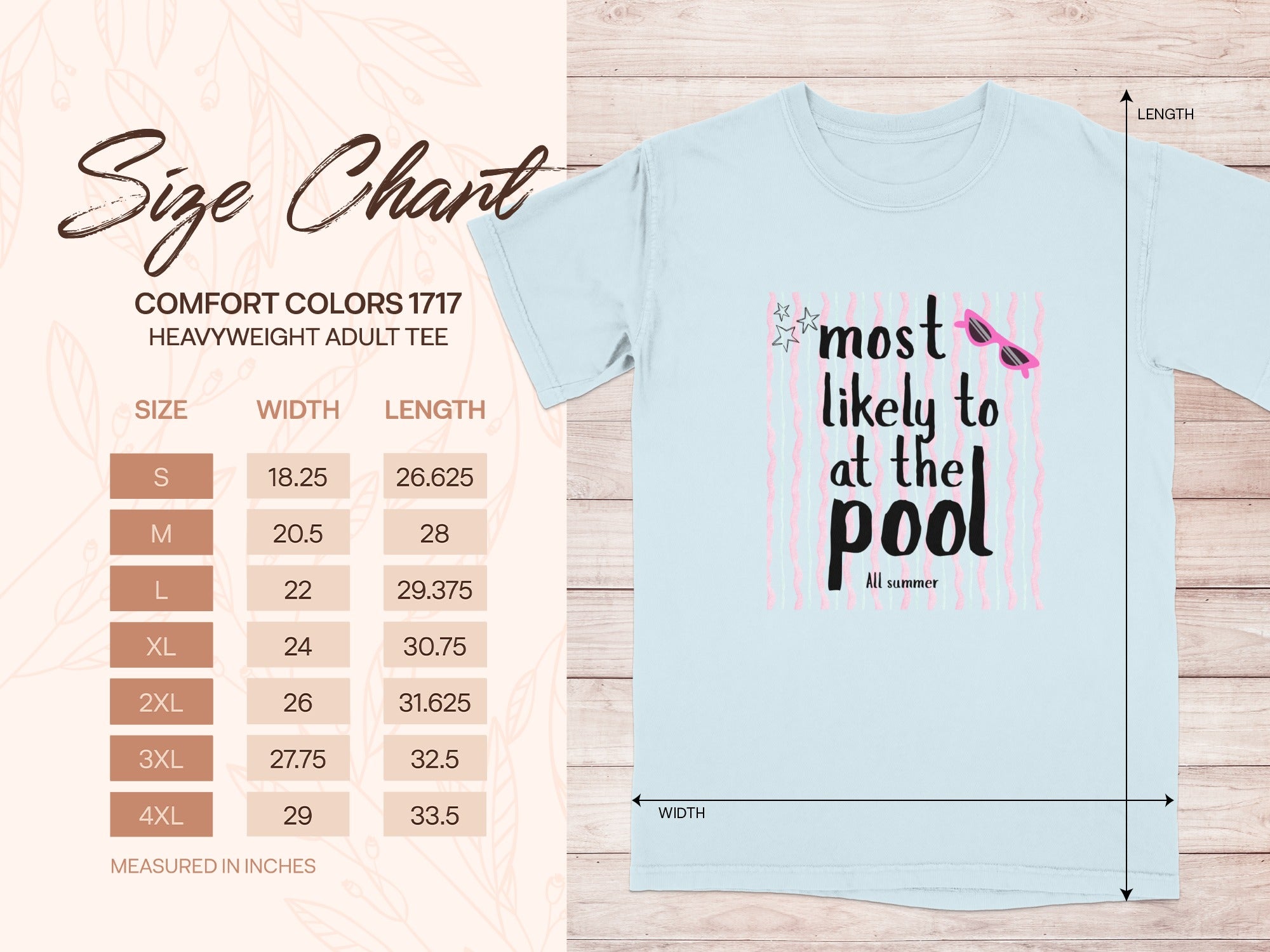 Comfort Colors 1717 heavyweight adult tee size chart with measurements.