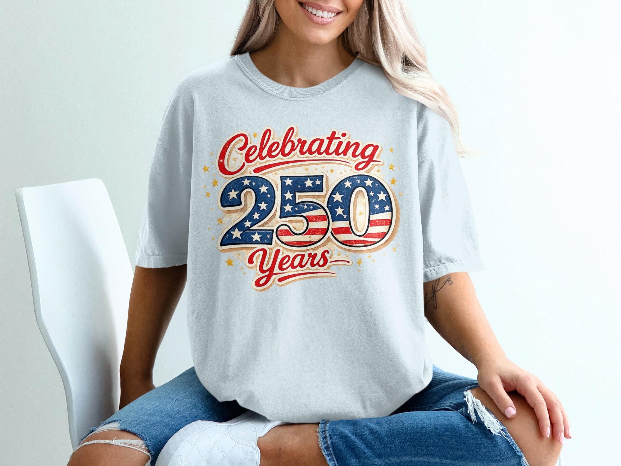 T-shirt celebrating 250 years with American flag stars and stripes design.
