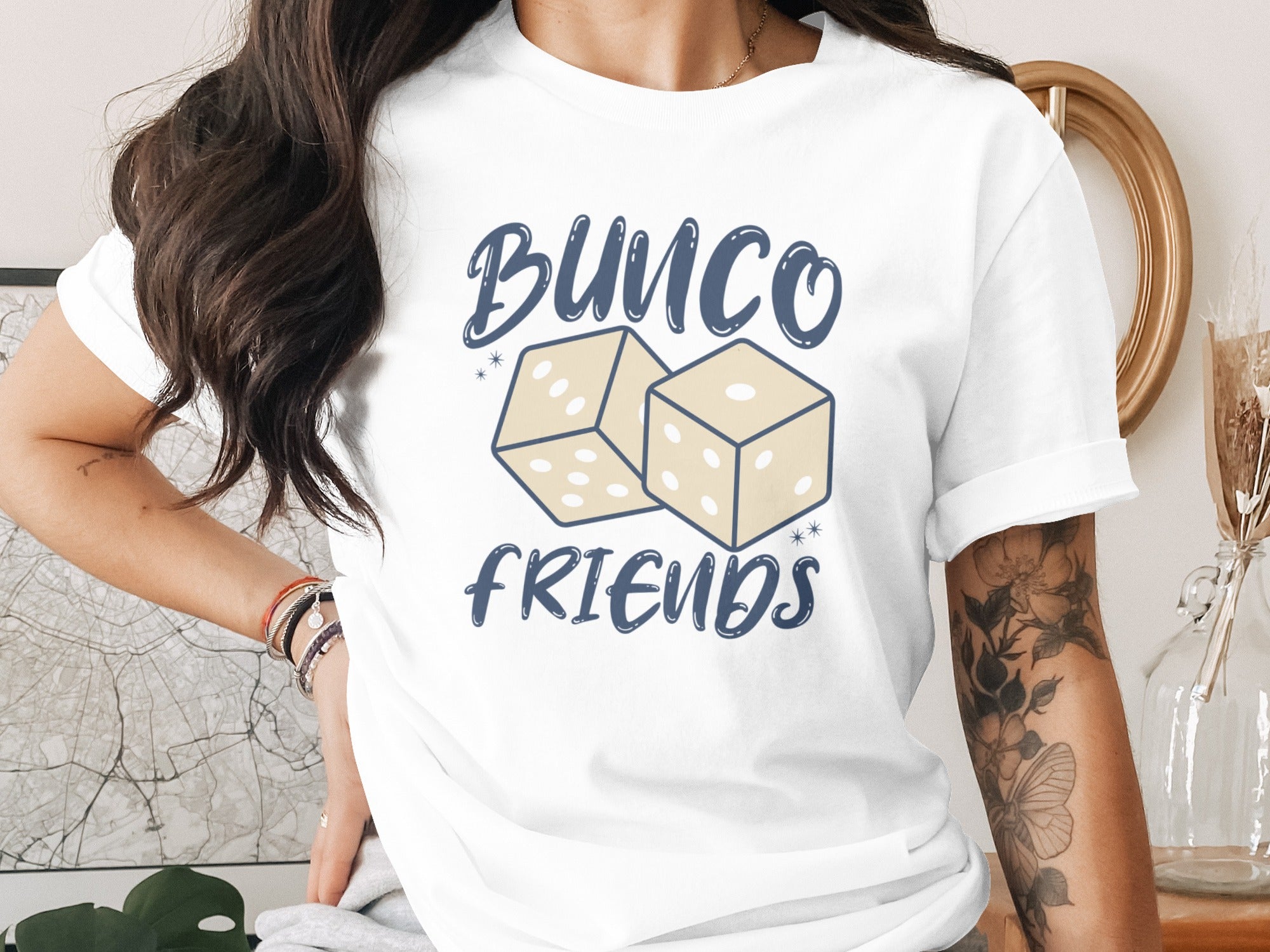 White t-shirt with "Bunco Friends" text and two dice graphic