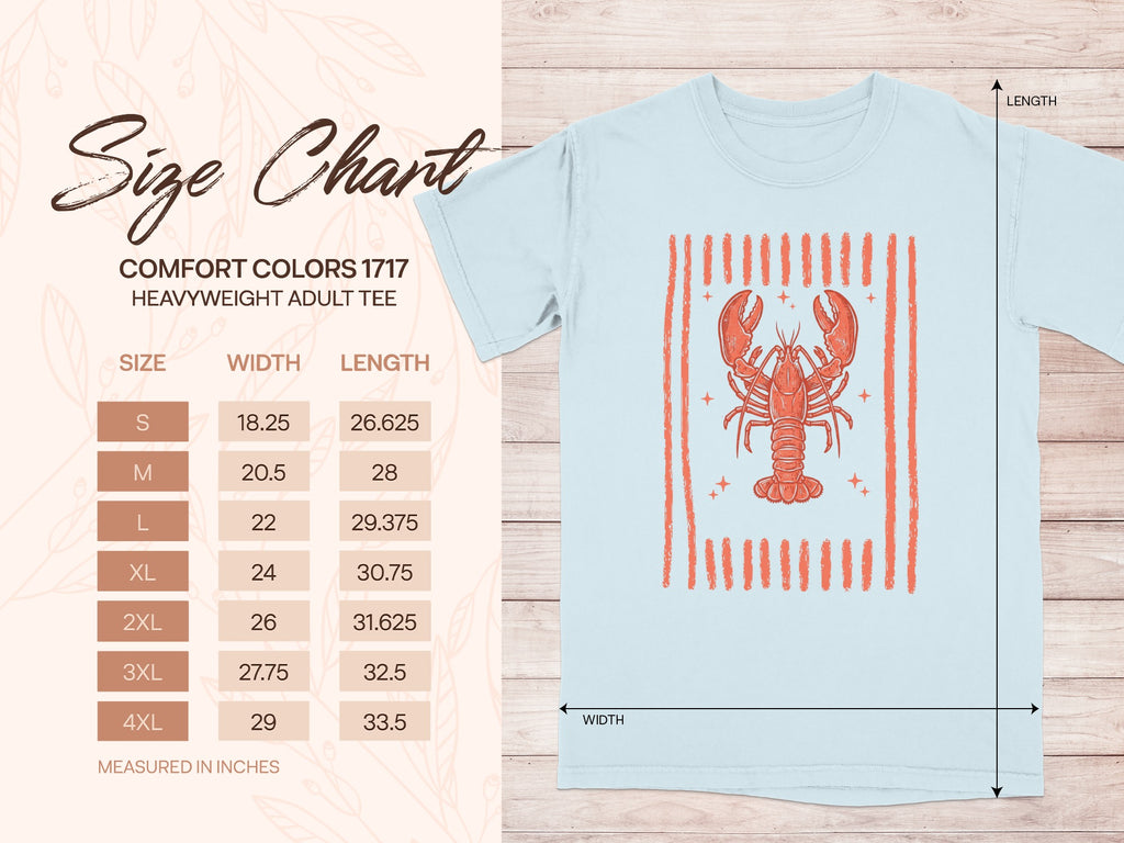Comfort Colors 1717 heavyweight adult tee size chart with lobster graphic and measurements.