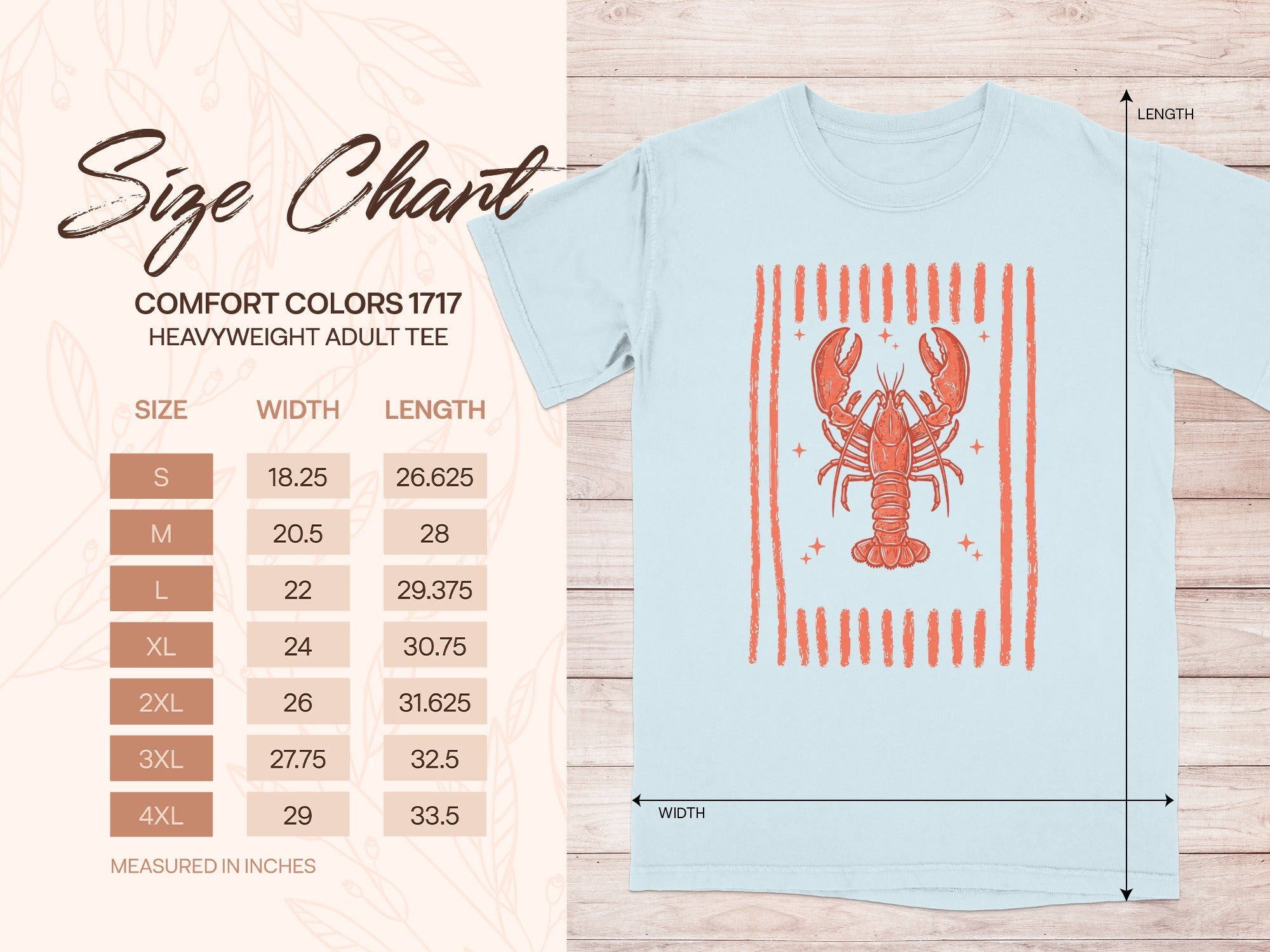 Comfort Colors 1717 heavyweight adult tee size chart with lobster graphic and measurements.