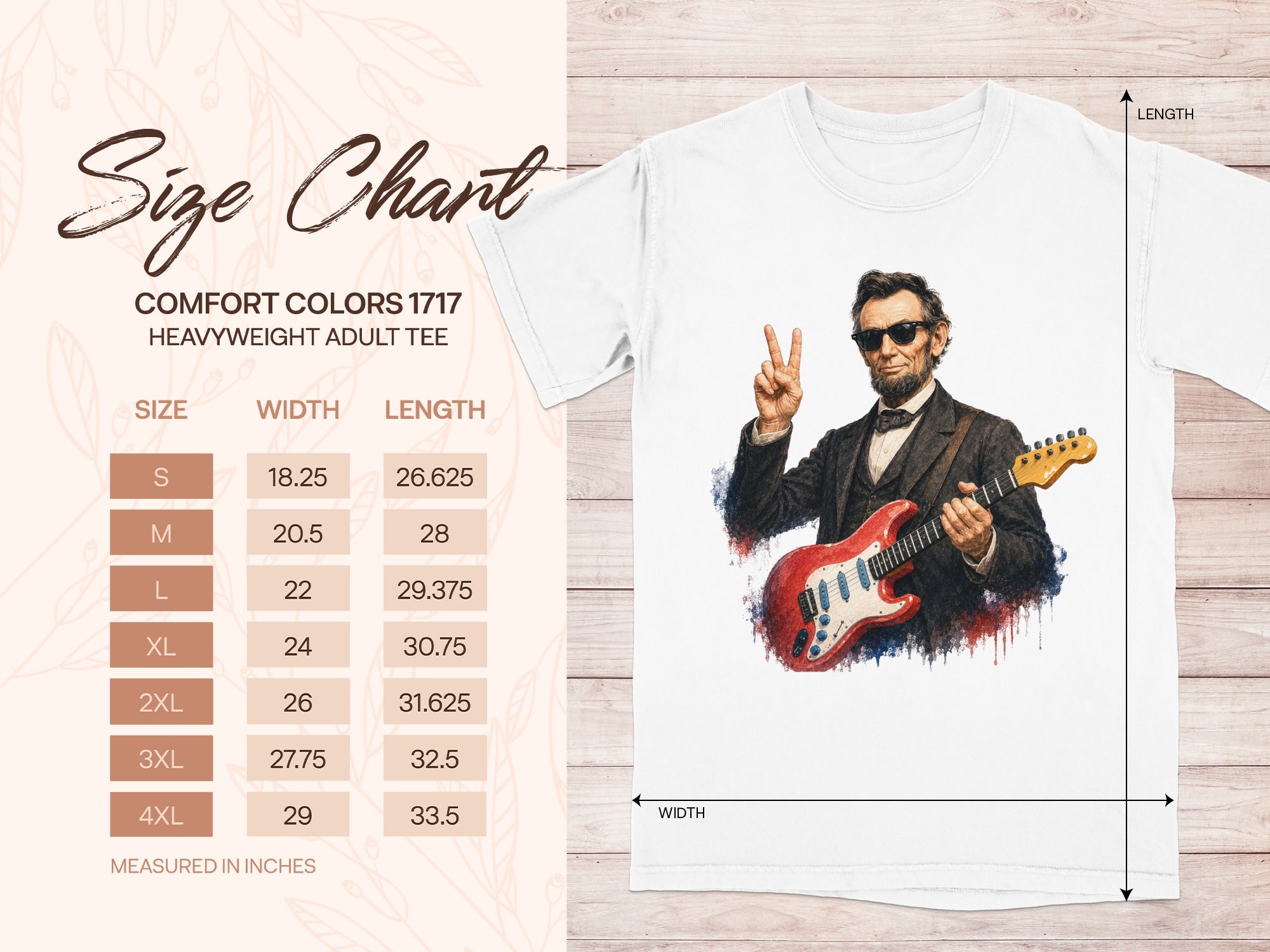 Abraham Lincoln playing guitar, with a Comfort Colors 1717 size chart.