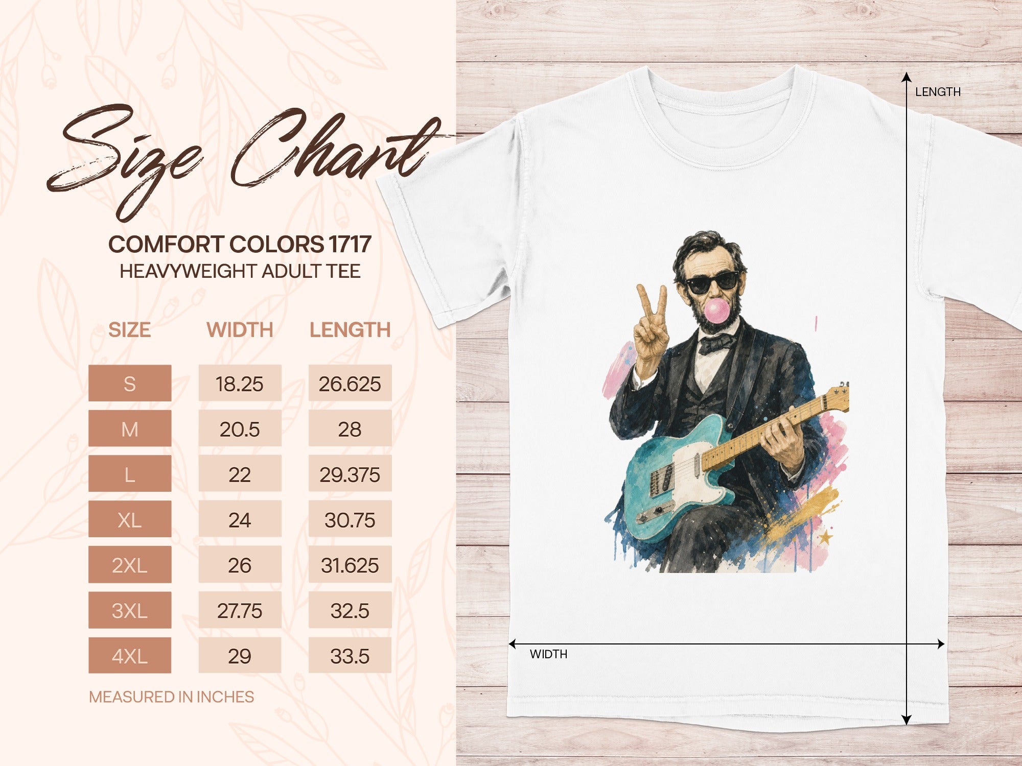 Comfort Colors 1717 size chart for heavyweight adult tees.