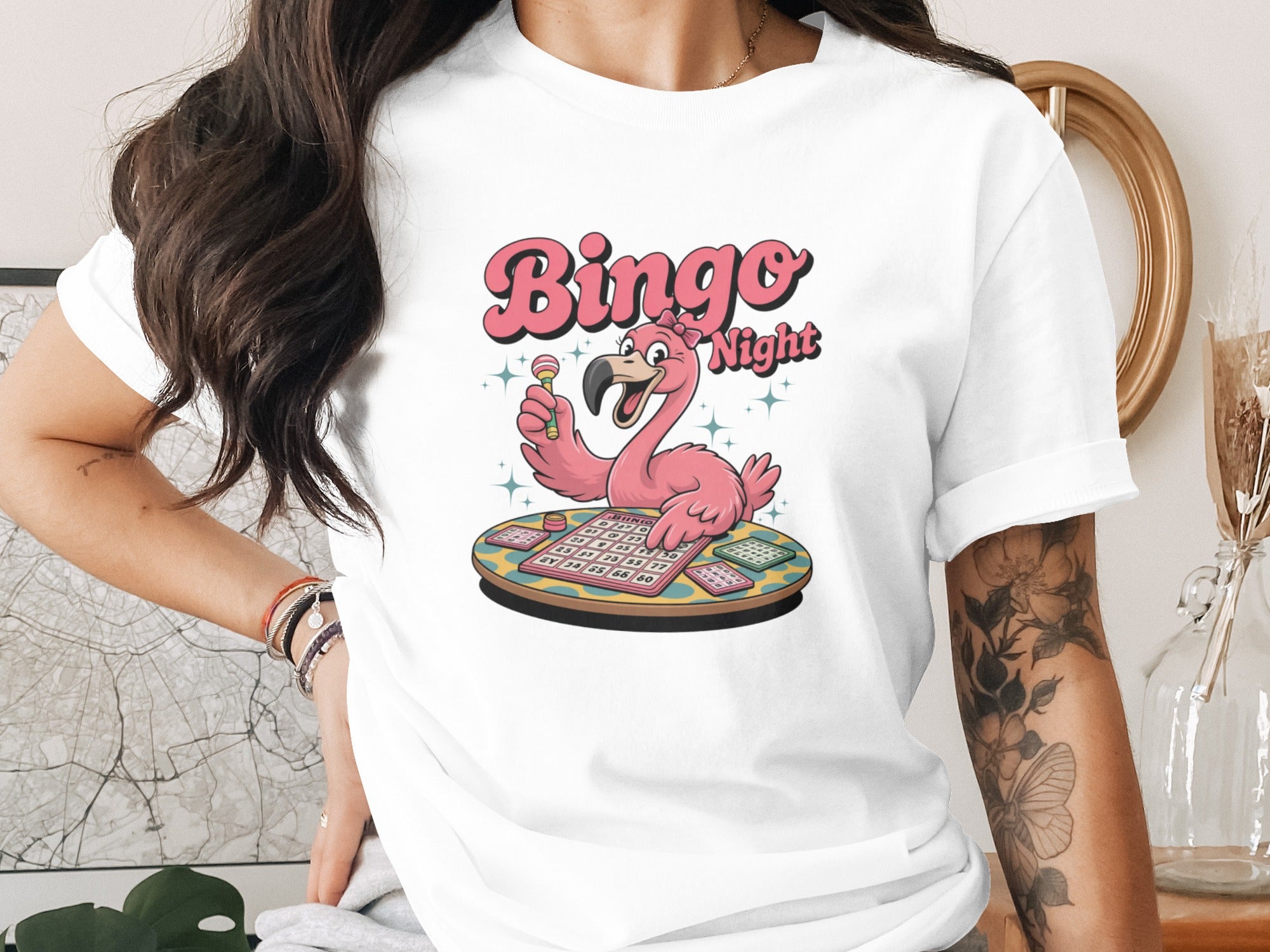 Cartoon flamingo playing bingo with text "Bingo Night".