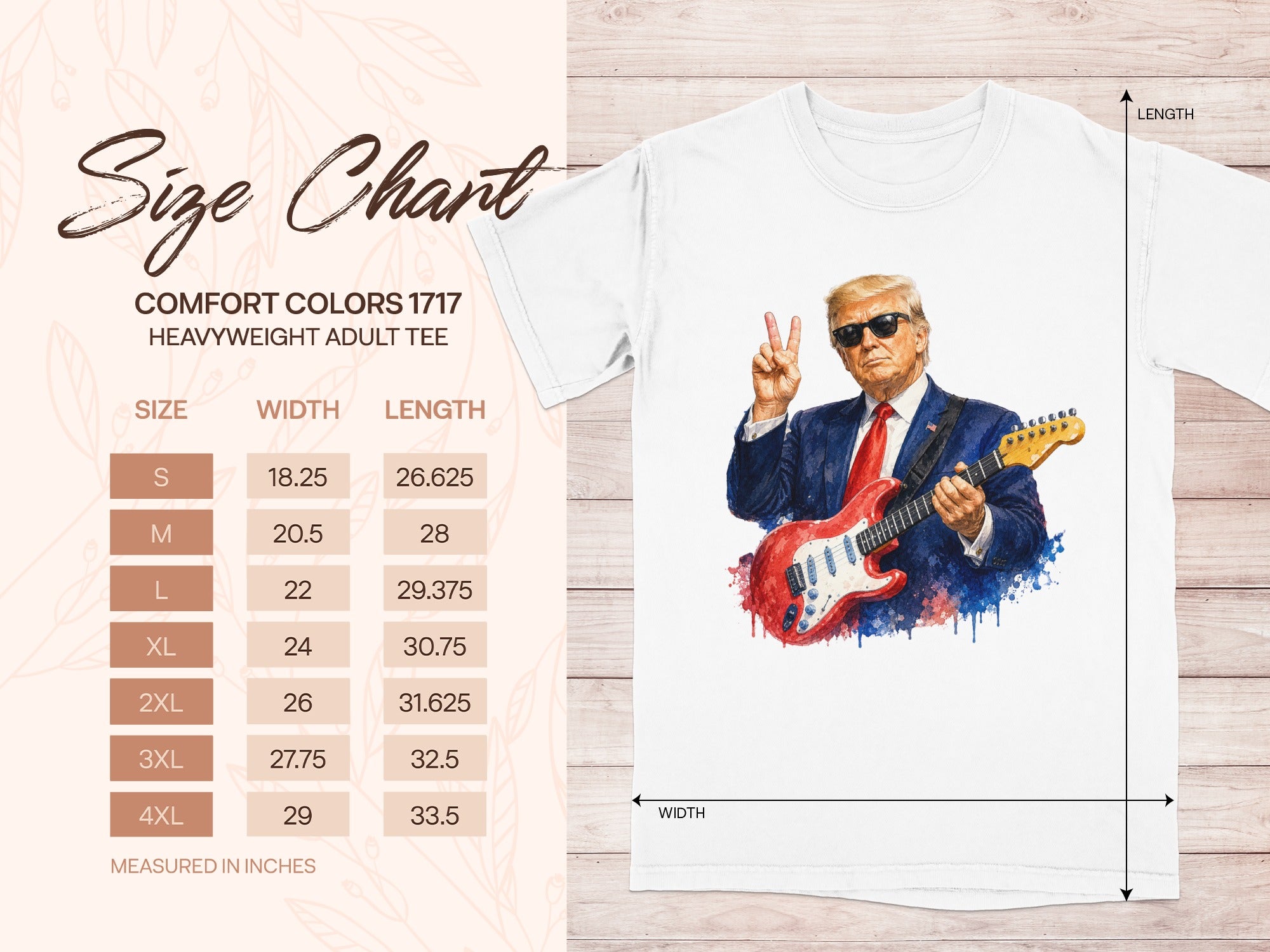 Comfort Colors 1717 size chart with Donald Trump holding a guitar.
