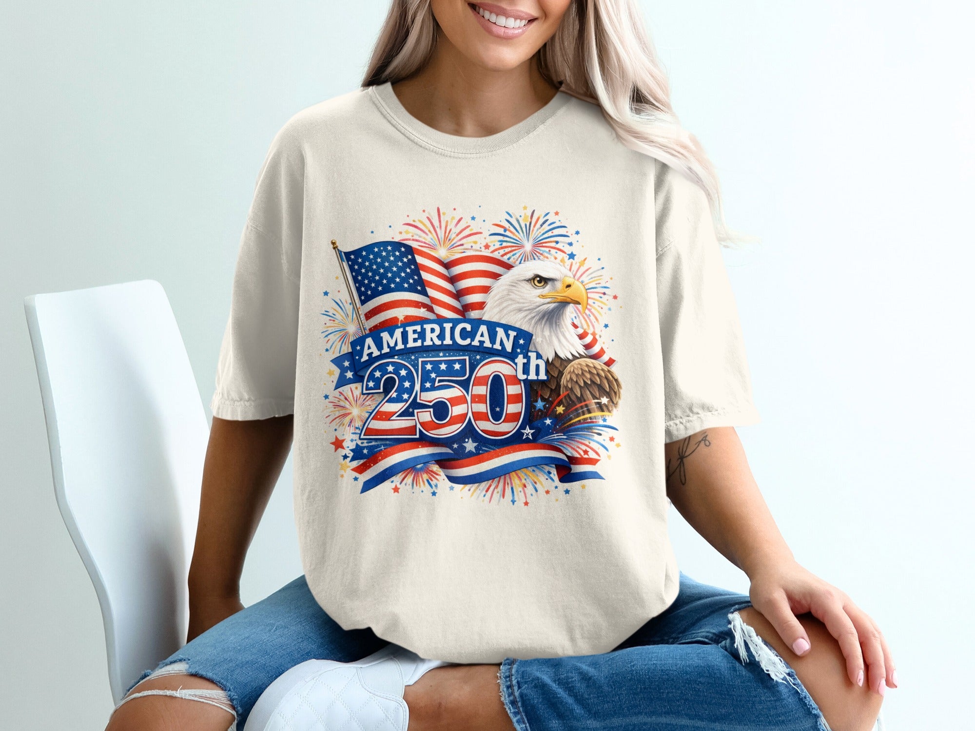 T-shirt with "American 250th" text, eagle, flag, and fireworks design.