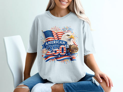 American 250th anniversary t-shirt with eagle, flag, and fireworks.