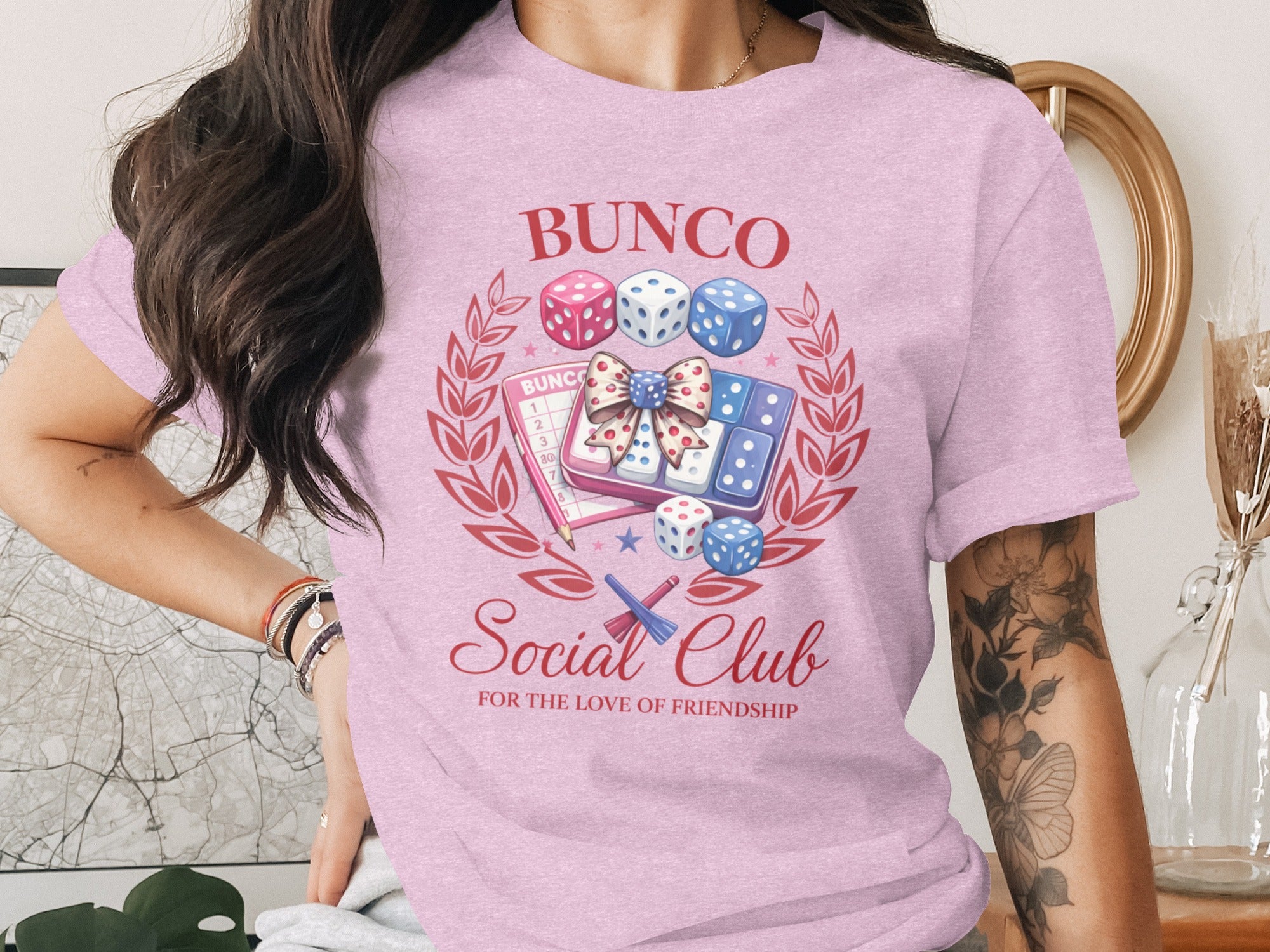 Bunco Social Club shirt with dice, scorecards, and laurel wreath graphic.