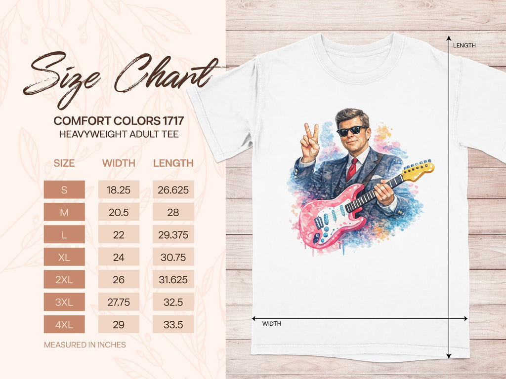 Comfort Colors 1717 heavyweight tee size chart with watercolor man playing guitar.