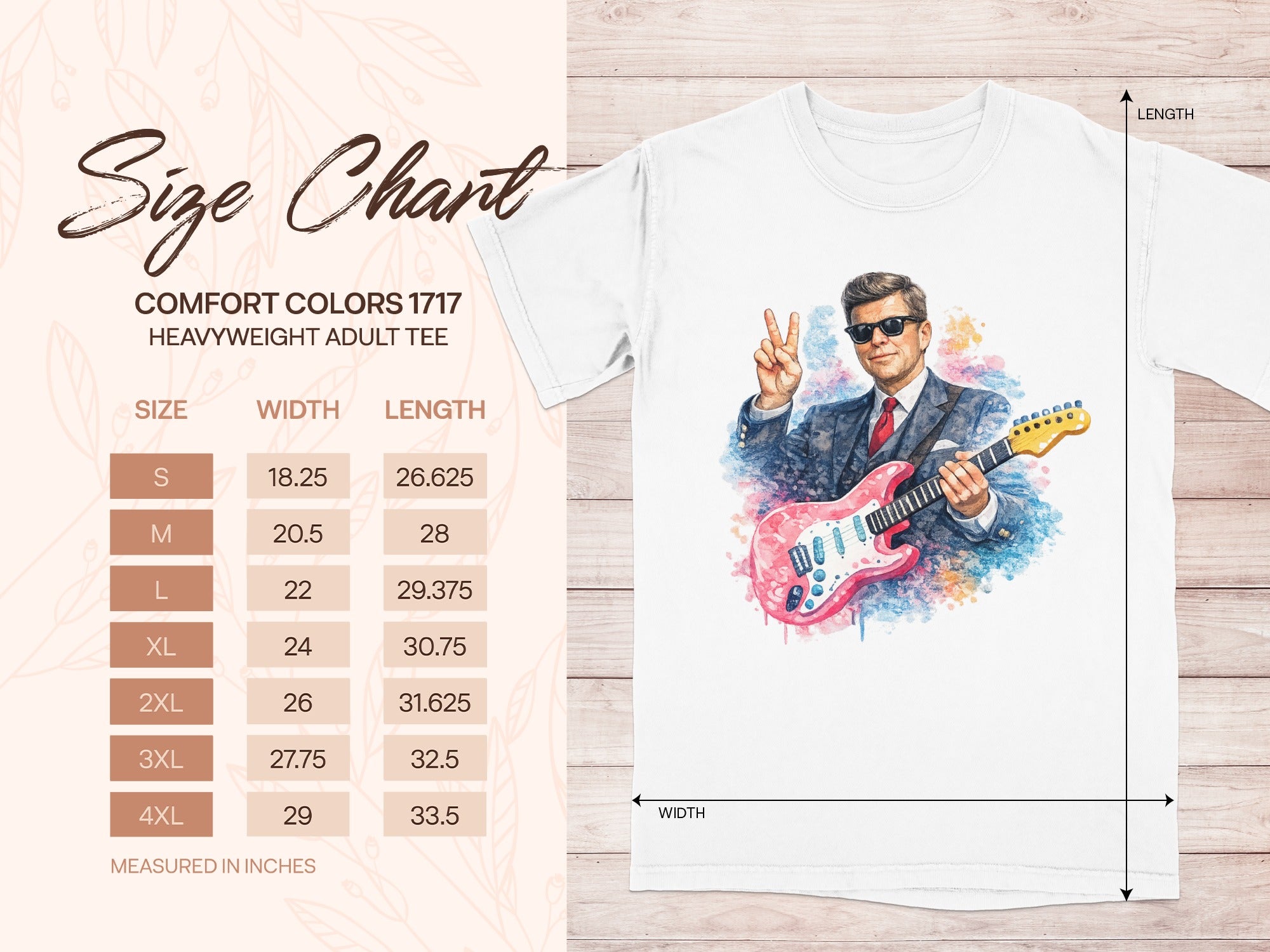 Comfort Colors 1717 heavyweight tee size chart with watercolor man playing guitar.