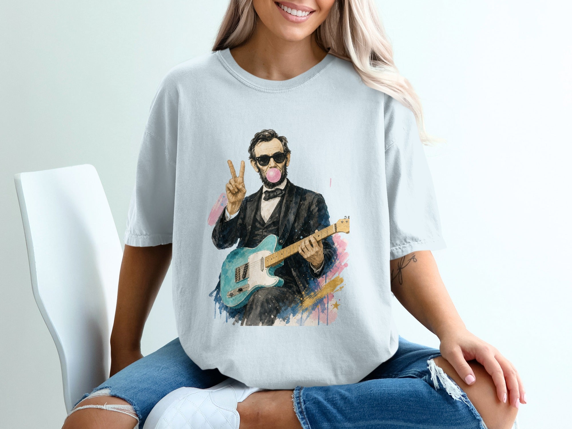 Abraham Lincoln in a suit playing electric guitar, with sunglasses and a peace sign.