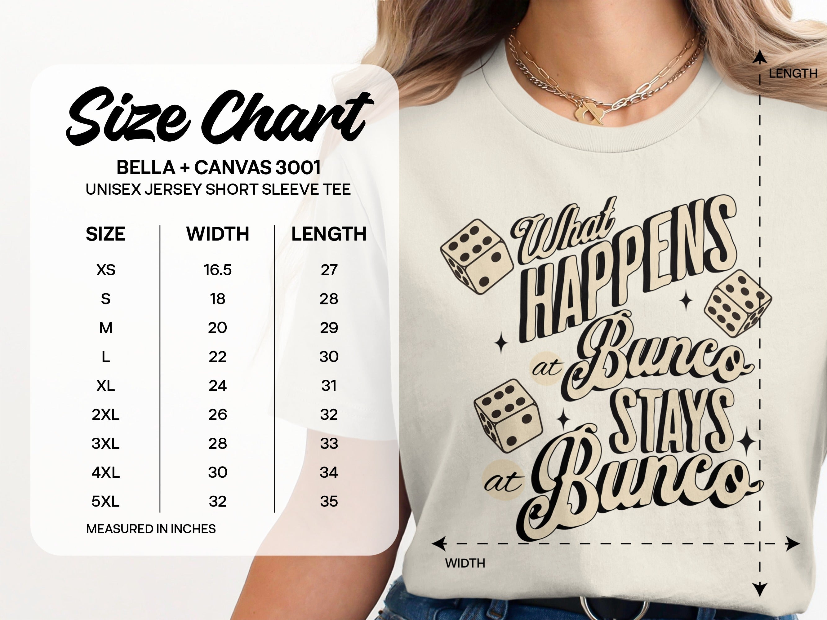 Unisex size chart for BELLA + CANVAS 3001 tee with dice graphic.