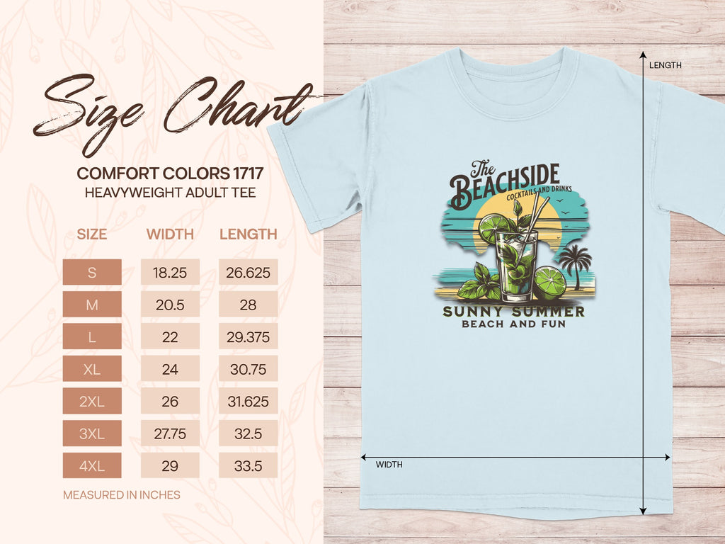Size chart for Comfort Colors 1717 heavyweight adult tee with width and length measurements.