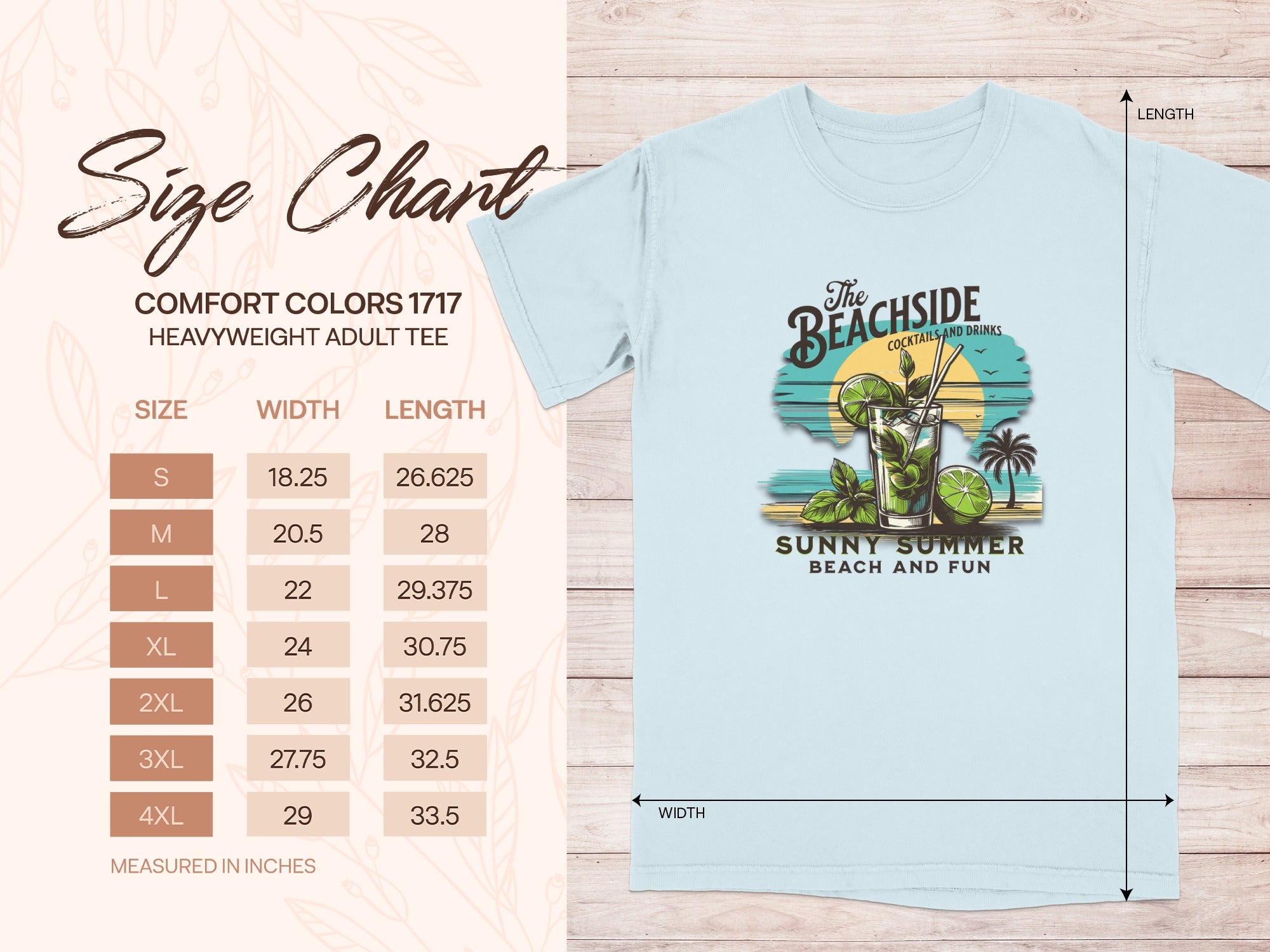 Size chart for Comfort Colors 1717 heavyweight adult tee with width and length measurements.