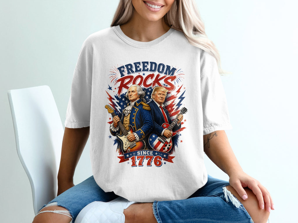 George Washington and Donald Trump playing guitars with "Freedom Rocks Since 1776" text.