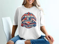 White t-shirt with "USA 250th Anniversary 1776-2026" graphic.