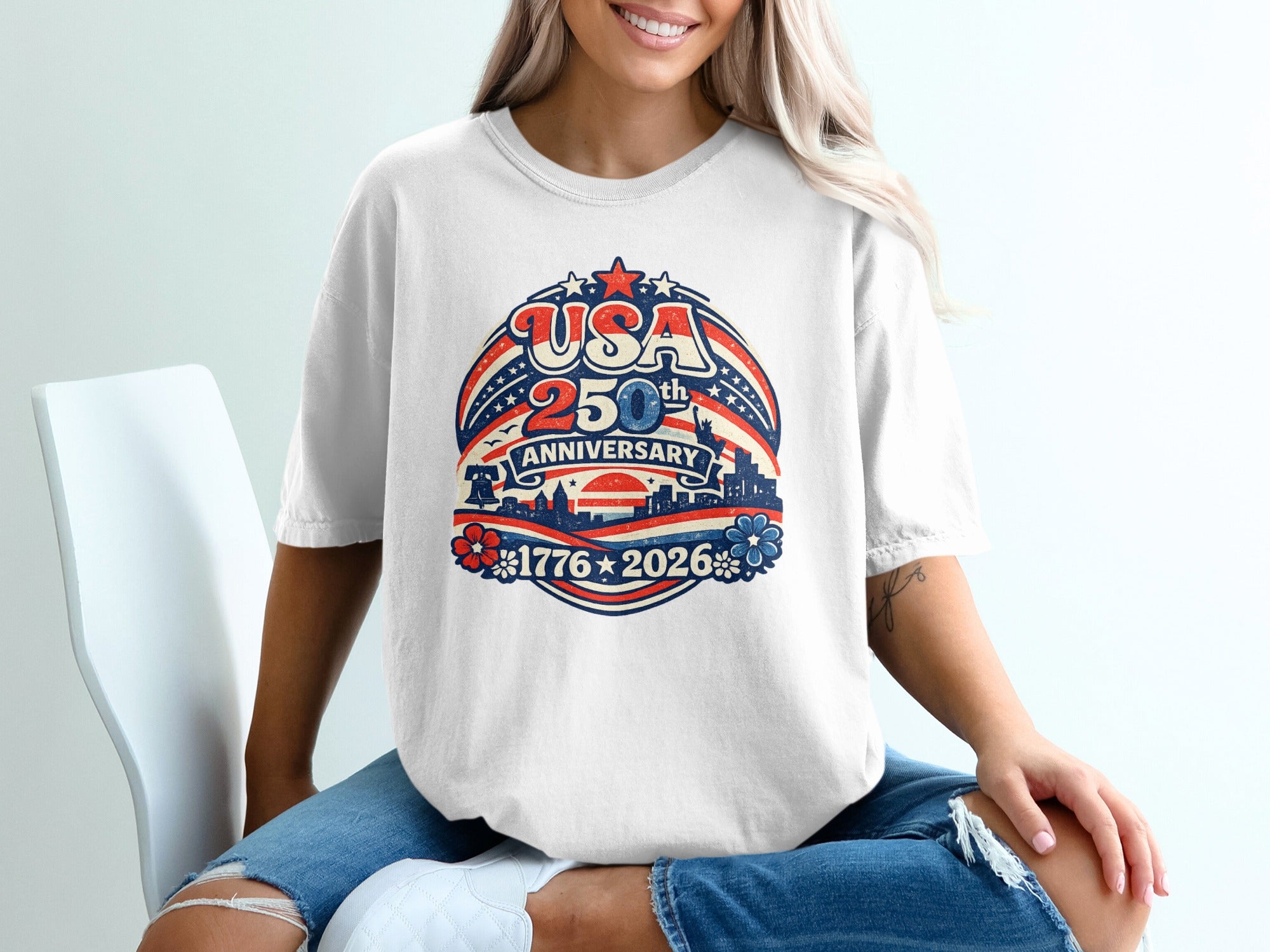 White t-shirt with "USA 250th Anniversary 1776-2026" graphic.