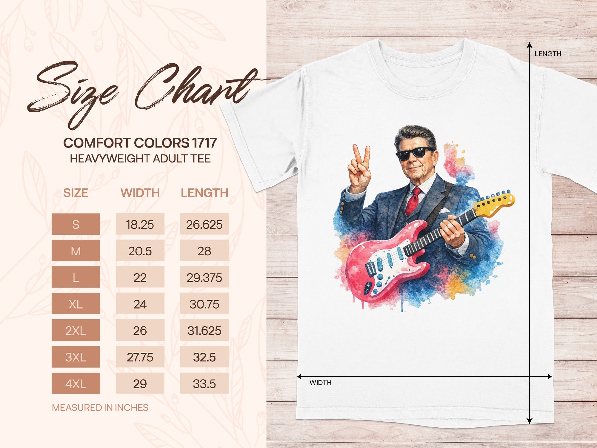 Comfort Colors 1717 heavyweigh adult tee size chart with measurements.