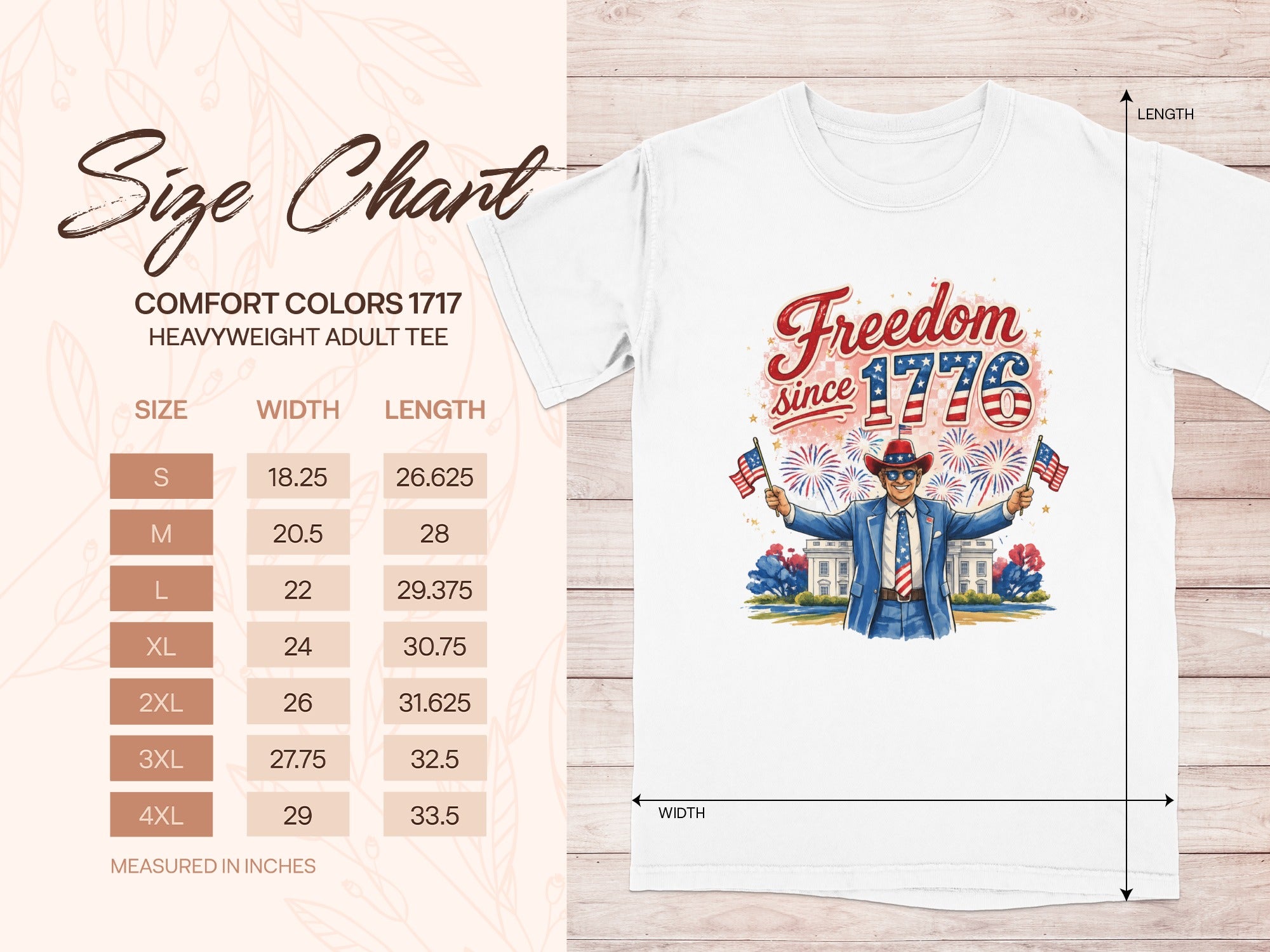 Size chart for Comfort Colors 1717 heavyweight adult tee with patriotic graphic.