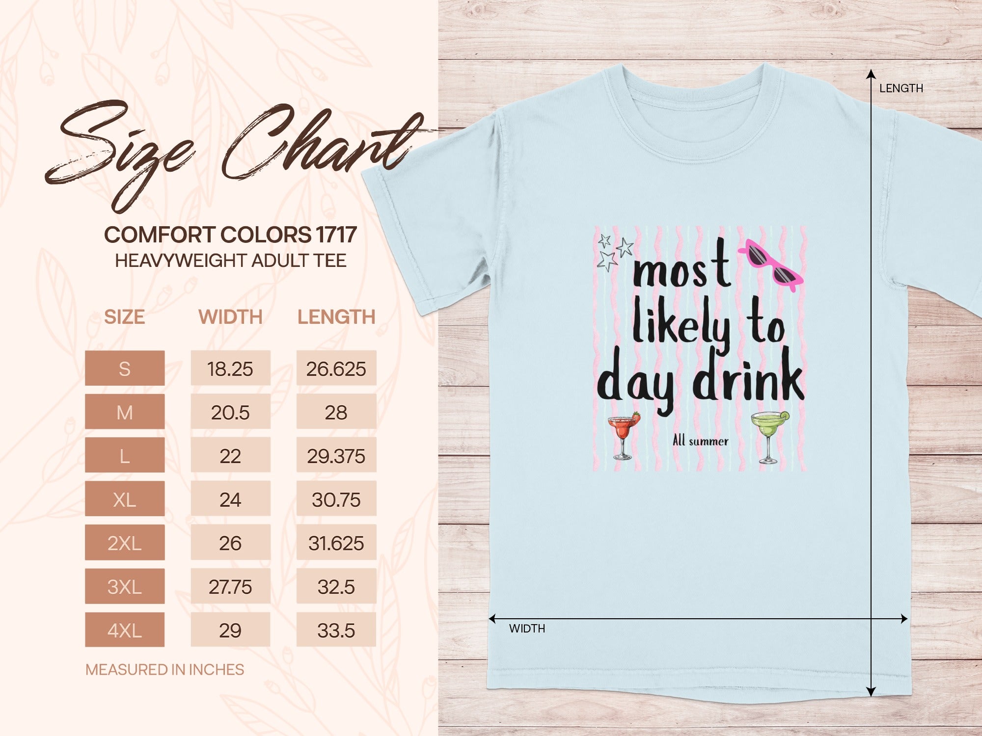 Size chart for Comfort Colors 1717 heavyweight adult tee with "Most Likely to Day Drink" design.