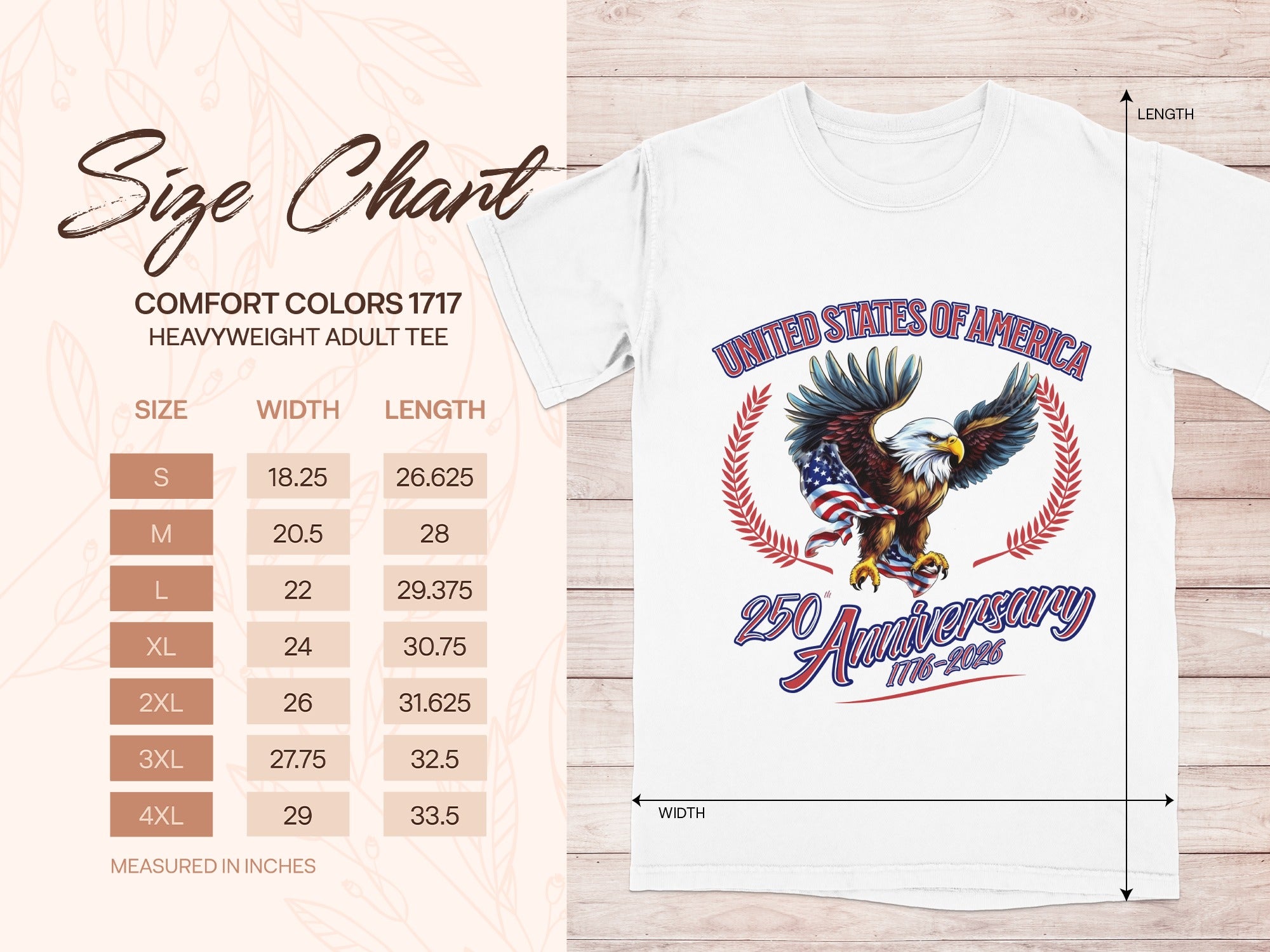 Comfort Colors 1717 size chart for heavyweight adult tee with USA anniversary graphic.