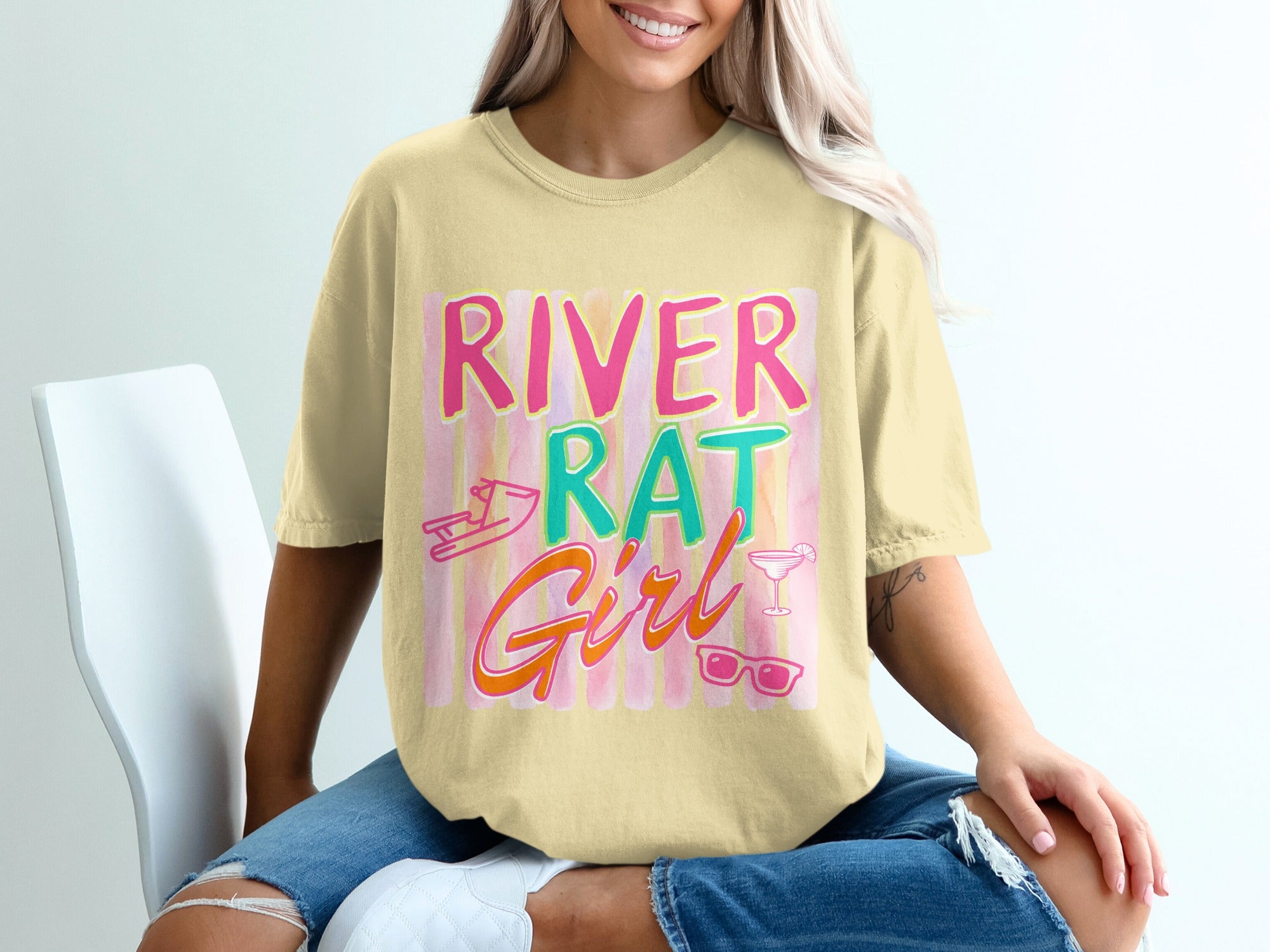 Yellow t-shirt with "RIVER RAT Girl" text and summer icons.