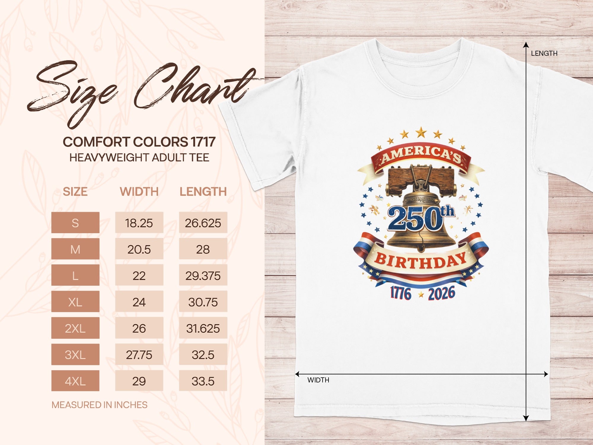 Size chart for Comfort Colors 1717 heavyweight adult tee with 250th Birthday graphic.