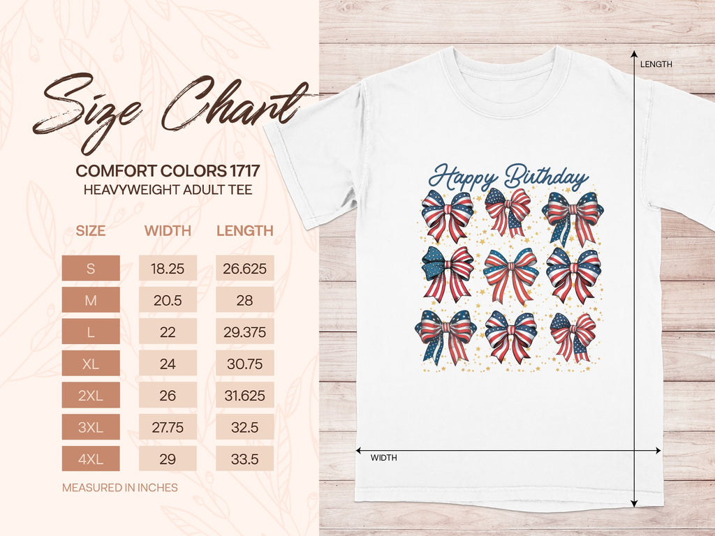 Comfort Colors 1717 size chart for heavyweight adult tee with American flag bows.