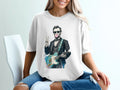 Abraham Lincoln in sunglasses playing guitar and blowing bubblegum.