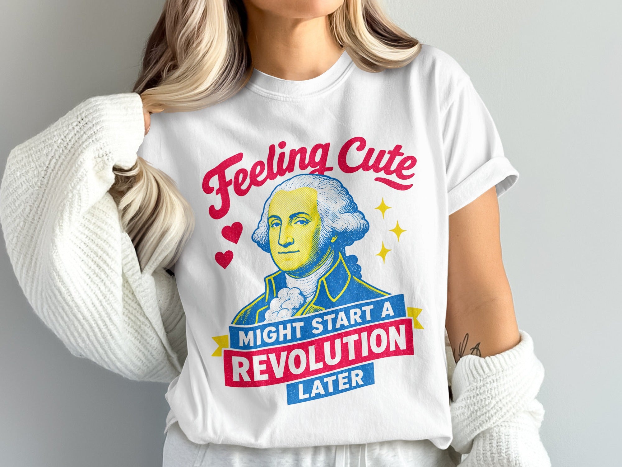 George Washington on white t-shirt, feeling cute might start a revolution later.